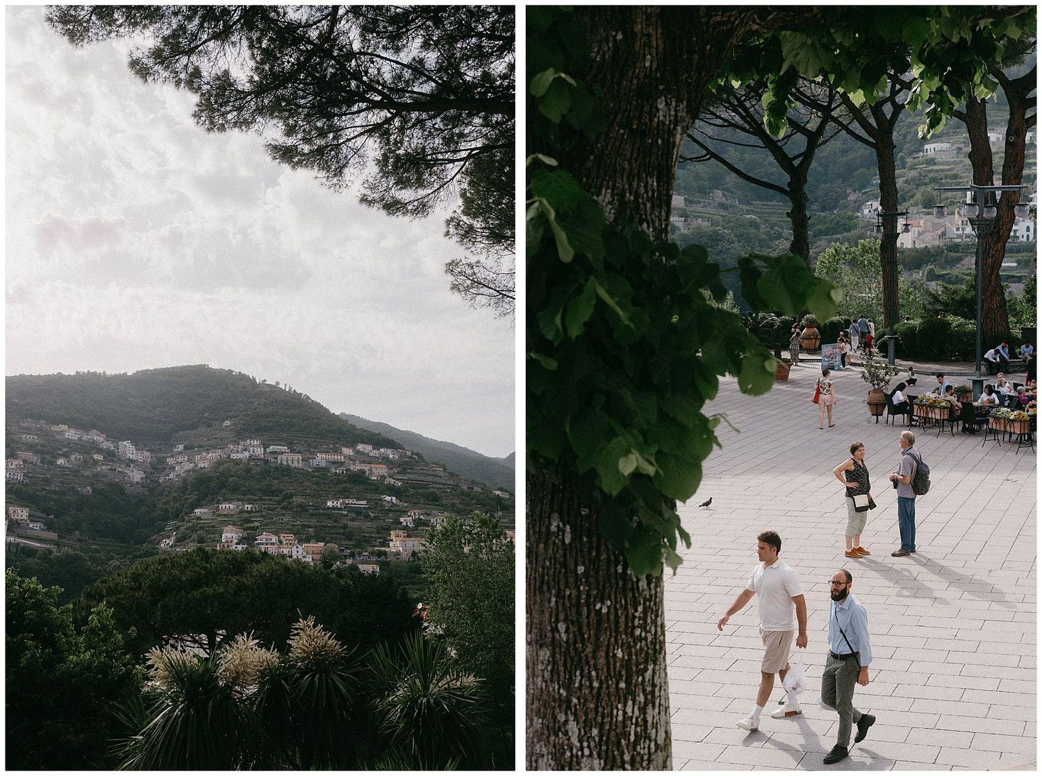 A diptych of a mountainous Mediterranean landscape and people strolling along a scenic coastal path framed by trees.