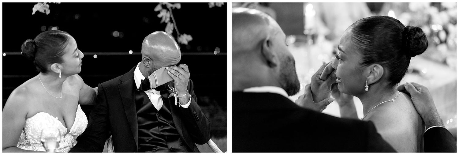 A couple shares an intimate moment during a black and white wedding reception, while another couple gazes at each other lovingly.
