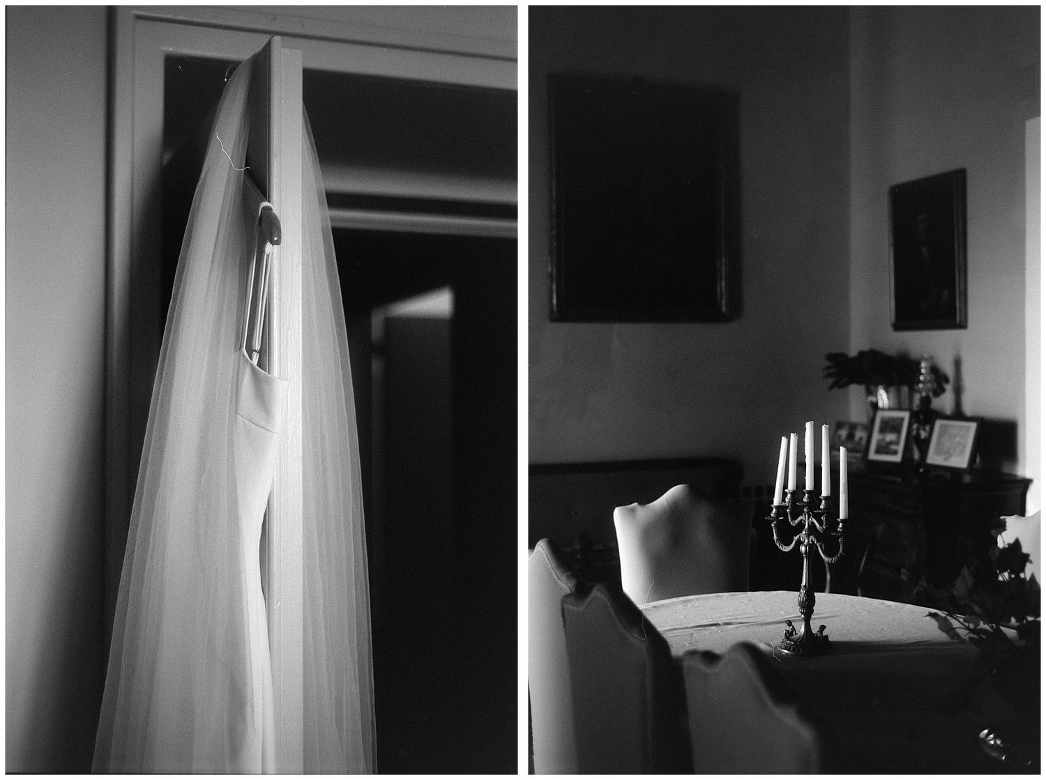 A cinematic sequence of moody black and white photographs showing a ghost-like figure in white fabric moving through shadows.