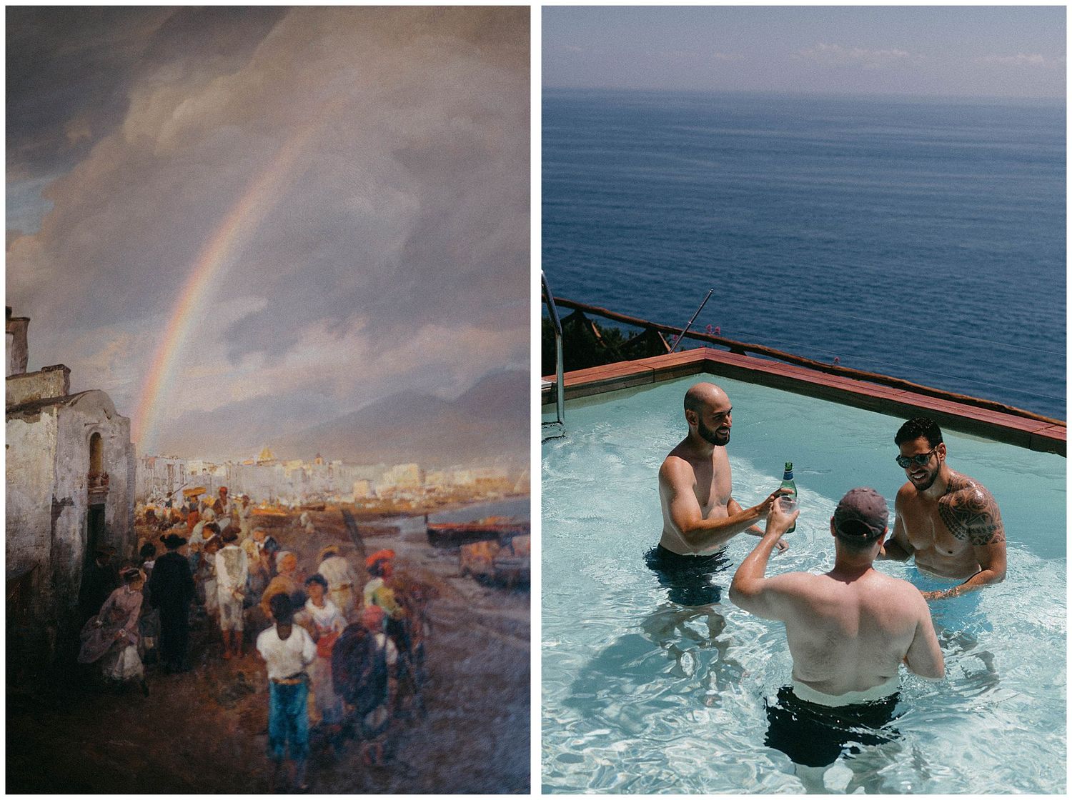 Rainbow over gathering crowd and friends enjoying drinks in infinity pool overlooking ocean vista.