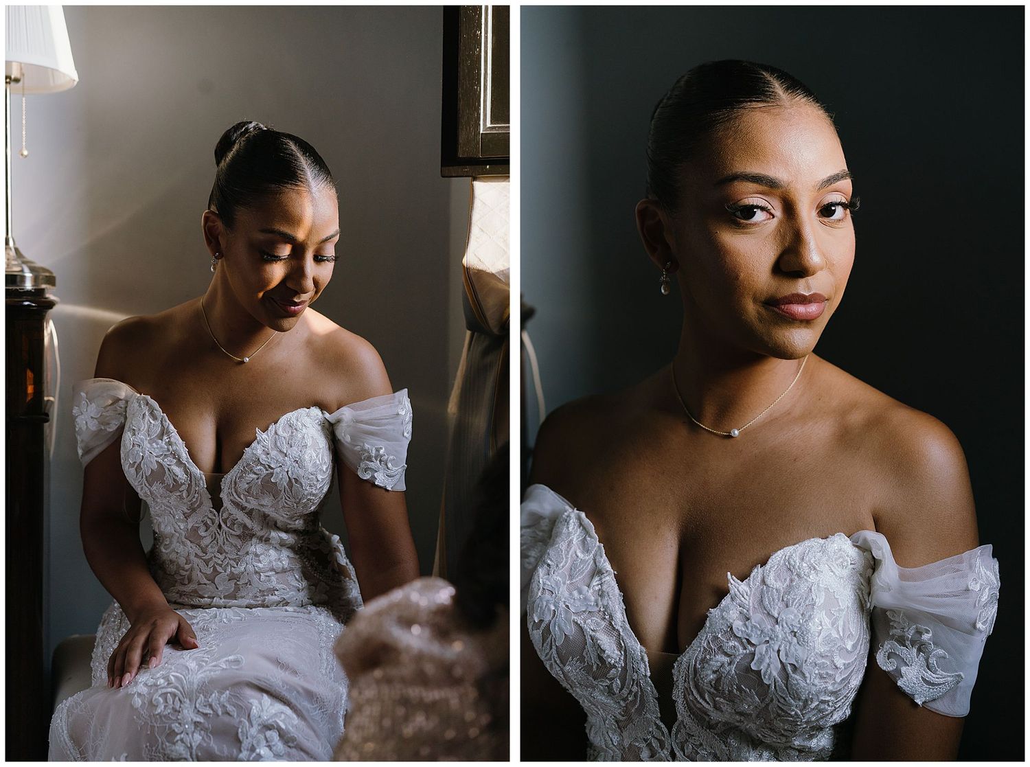 Portrait in a white lace wedding gown with off-shoulder detail and delicate light creating romantic ambiance.