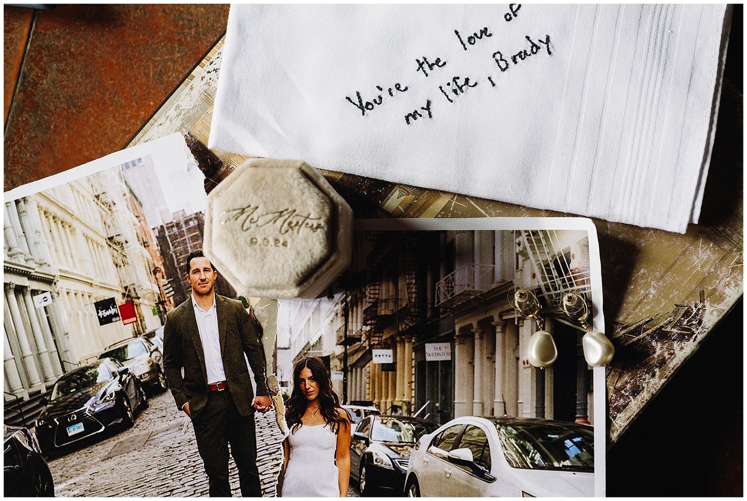 A series of black and white candid wedding photos showing intimate moments and architectural details.
