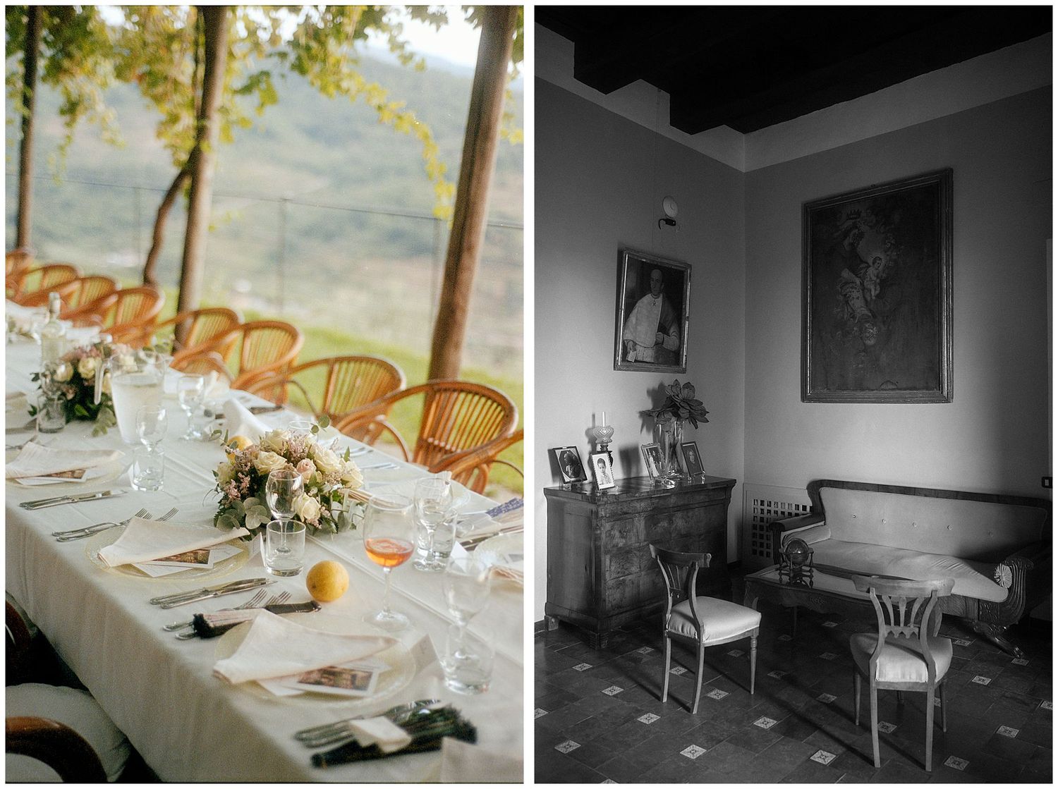 Elegant wedding reception table setting outdoors with bistro chairs next to black and white interior room with vintage decor.