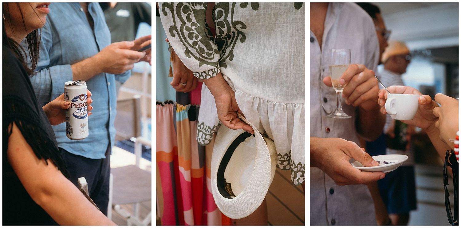 Three images show hands holding coffee cups and hanging a straw hat in a casual lifestyle setting.