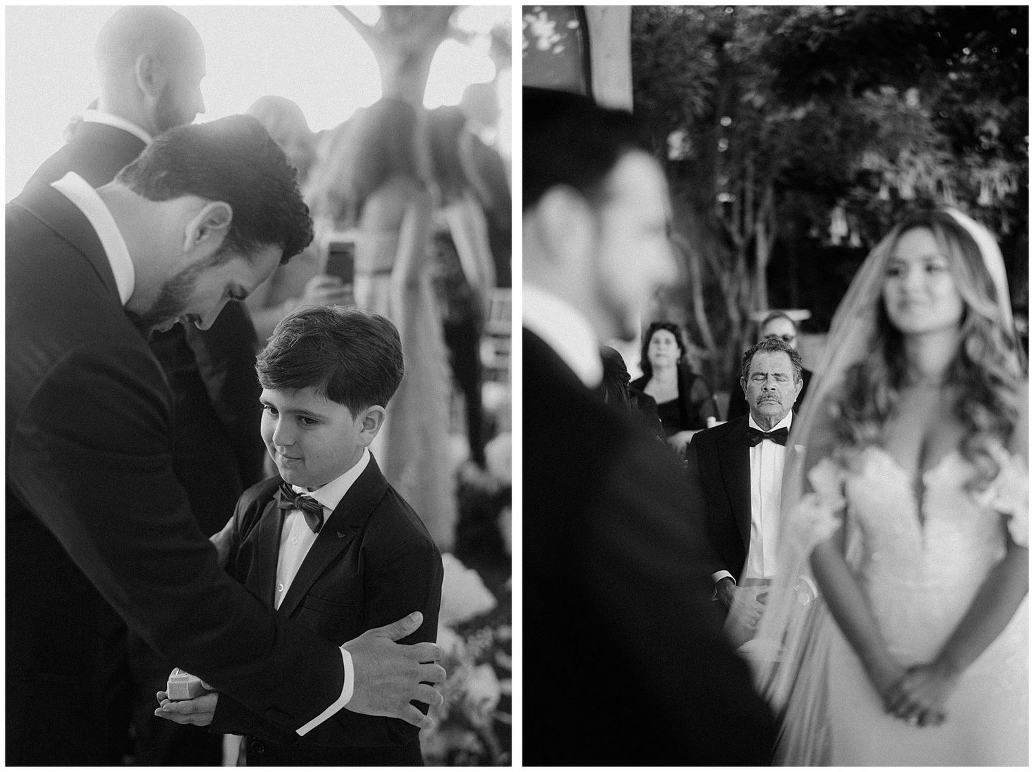 Black and white wedding photos showing emotional moments between loved ones during a special celebration.