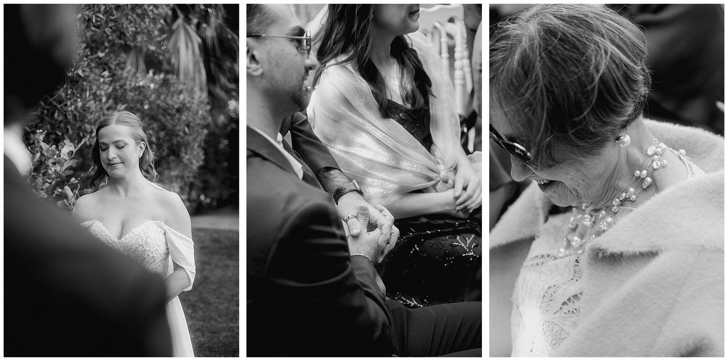 Three black and white wedding photos showing candid moments of a couple during an outdoor celebration.