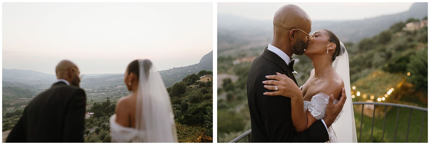 Two romantic wedding photos showing a couple sharing tender moments with mountain views as a stunning backdrop.