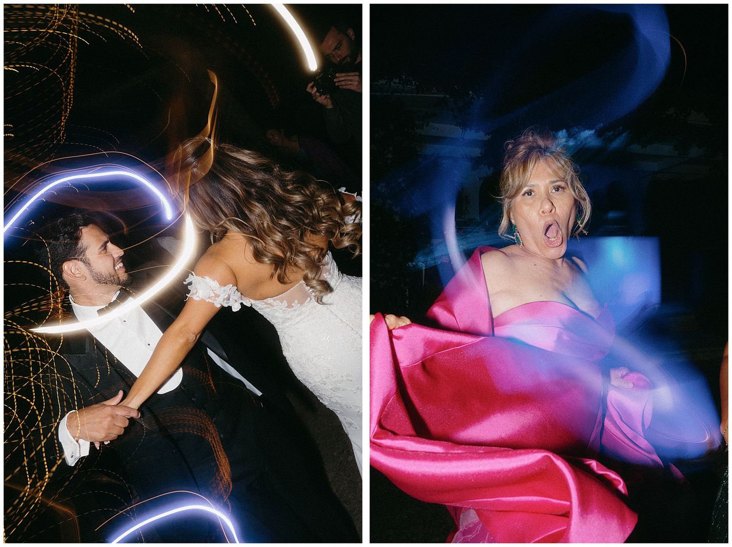 Artistic nighttime photos with light painting effects show performers in dynamic poses against dark backgrounds with vibrant colors.