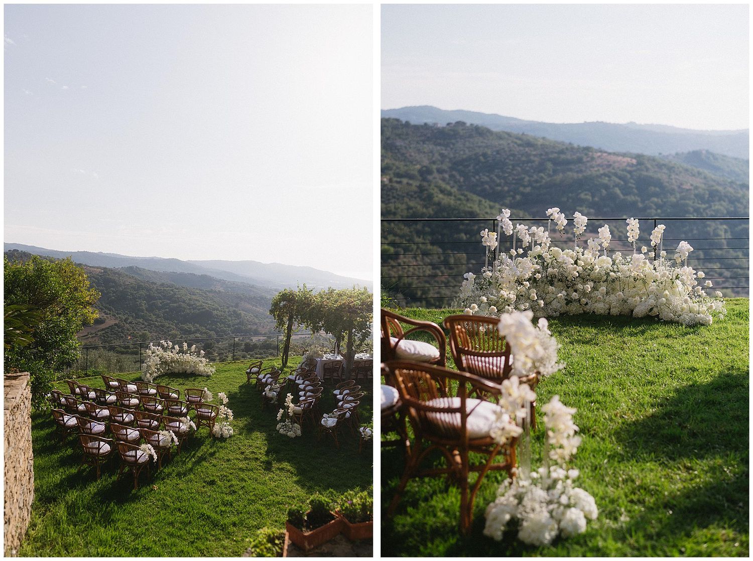 Rustic outdoor wedding ceremony setup on a hilltop meadow with wooden chairs and floral arch overlooking mountain vistas.