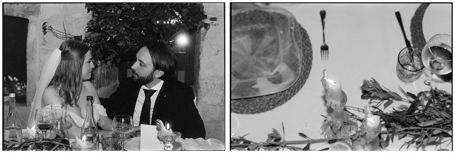 Two vintage black and white wedding reception photos showing table settings and decorative details from the 1960s.