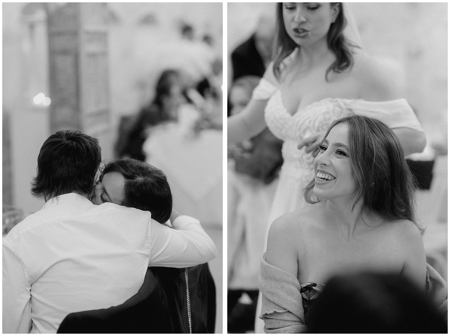 Black and white candid wedding reception photographs showing joyful dancing and laughter during a celebration.