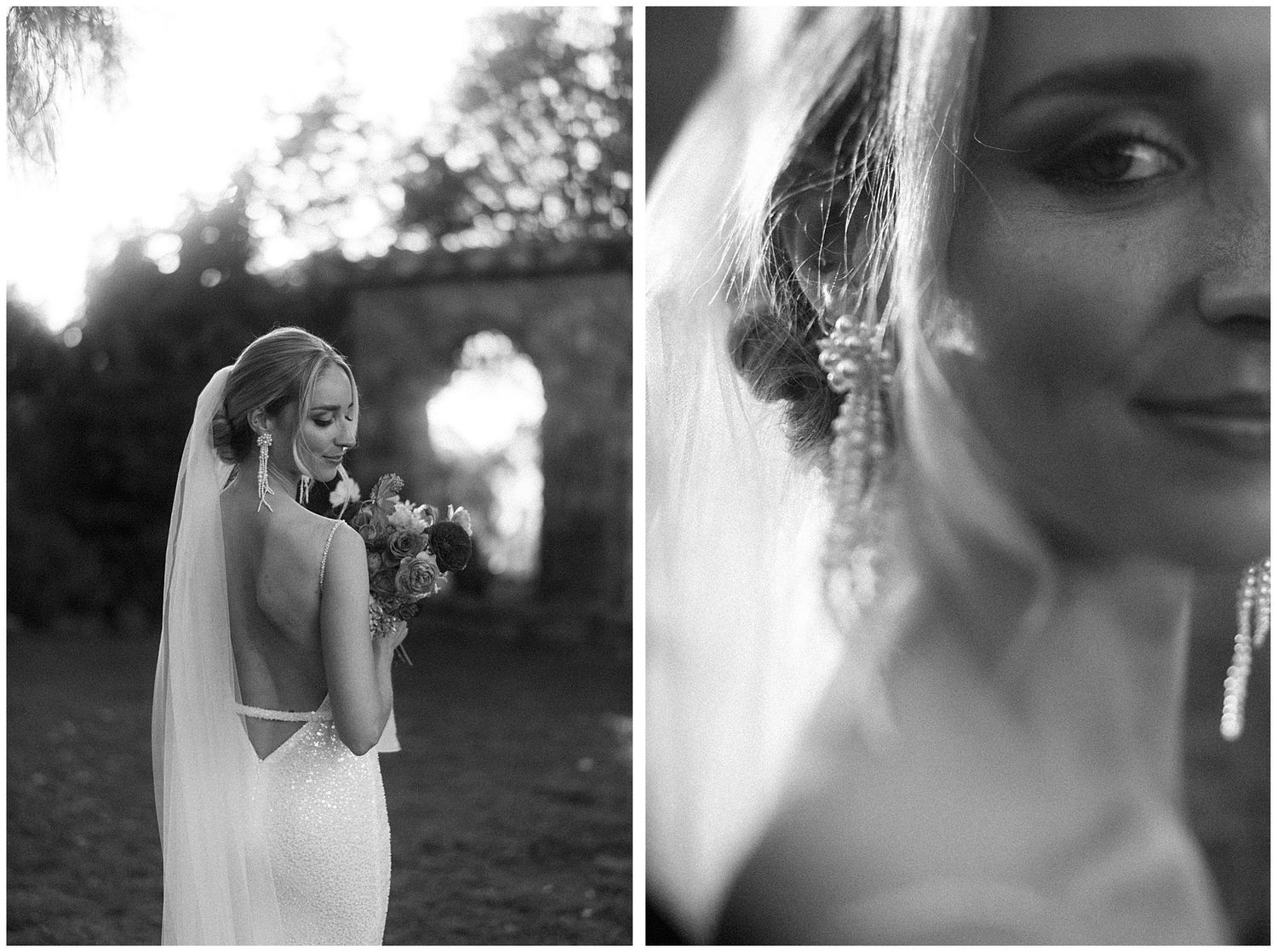Two black and white bridal portraits showing ethereal moments with soft light and delicate details.