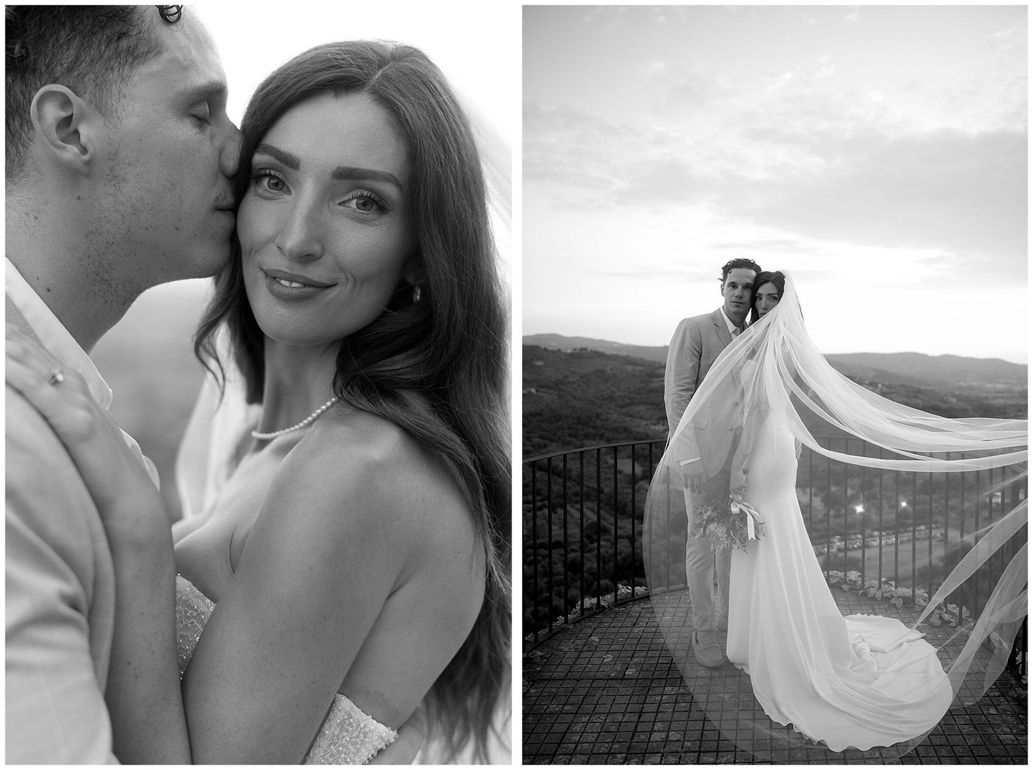Romantic black and white wedding portraits capture intimate moments and flowing veil against mountain backdrop.