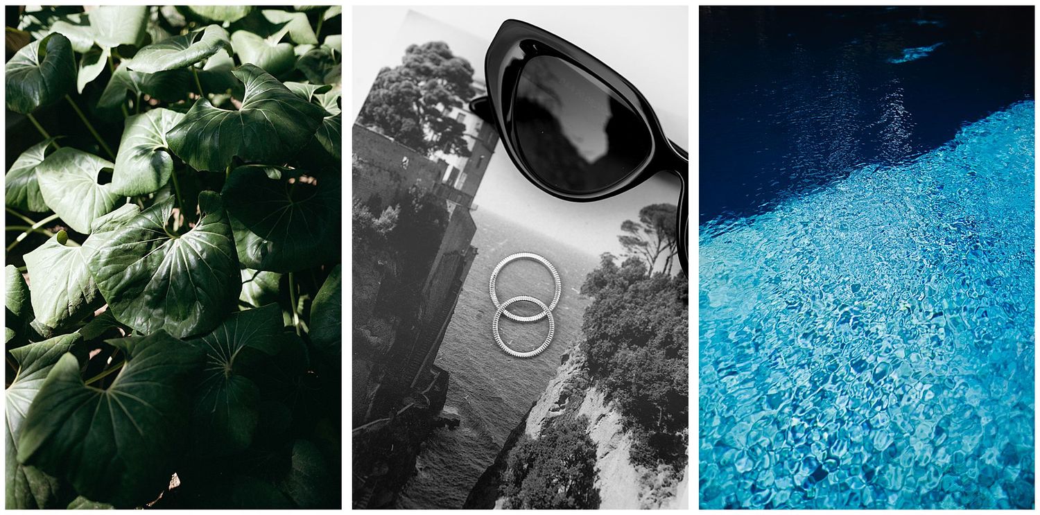 A triptych collage showing green leaves, black sunglasses against a mountain backdrop, and blue swimming pool water.