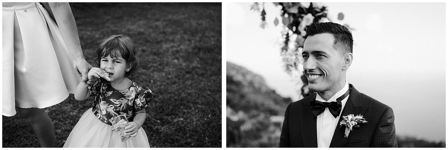 A child holding bouquet of flowers on outdoor wedding day, and portrait of groom in classic attire at wedding venue.