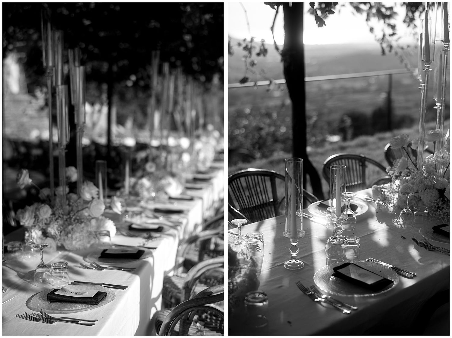A series of elegant black and white photographs showing table settings with glassware and candlelight at a formal event.