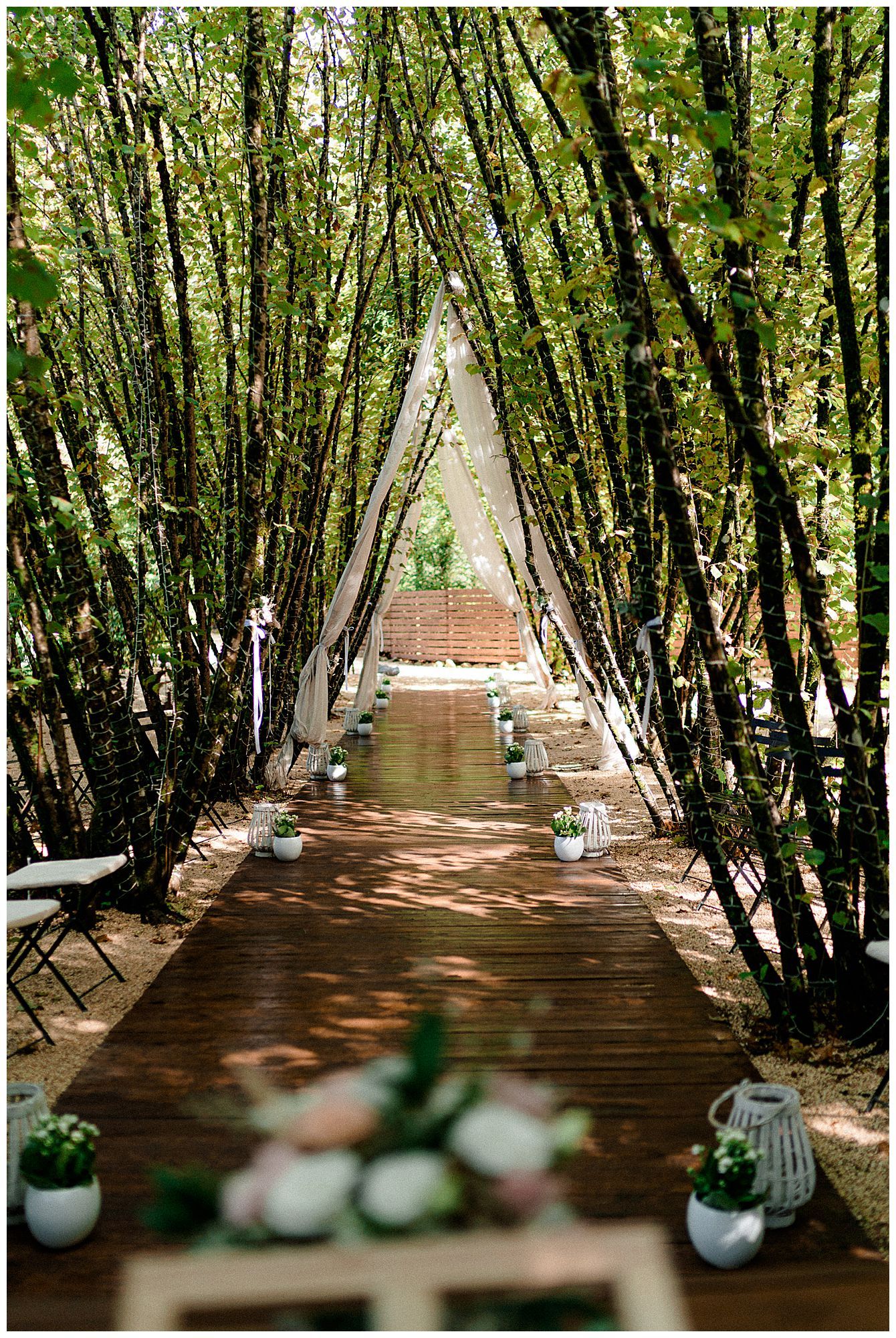 A romantic outdoor wedding ceremony walkway lined with tall trees and white decor along a wooden boardwalk path.