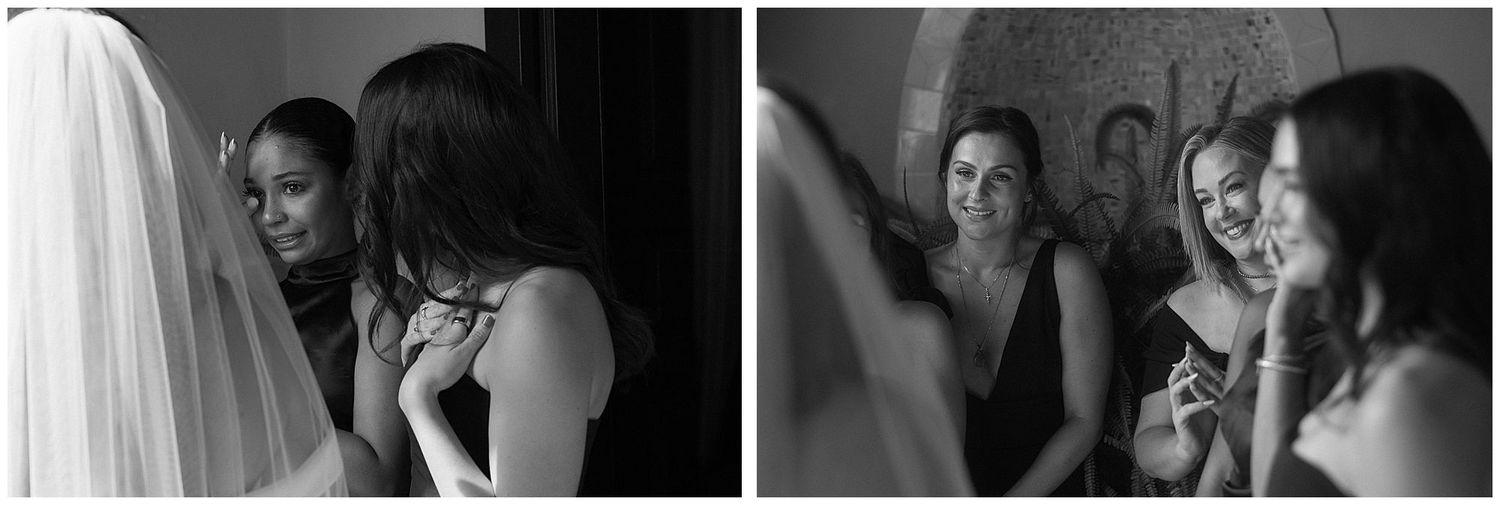 Women getting ready and doing makeup in black and white, showing preparations before a special event.