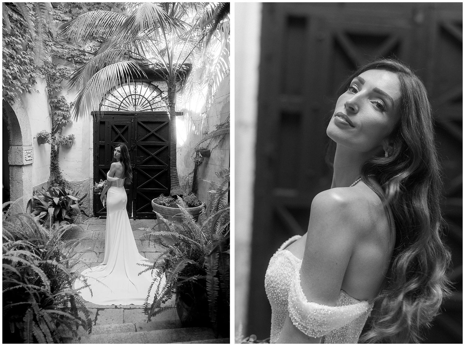 A pair of bridal portraits showcase a woman in a strapless gown, one in a garden archway and one in dramatic black and white.