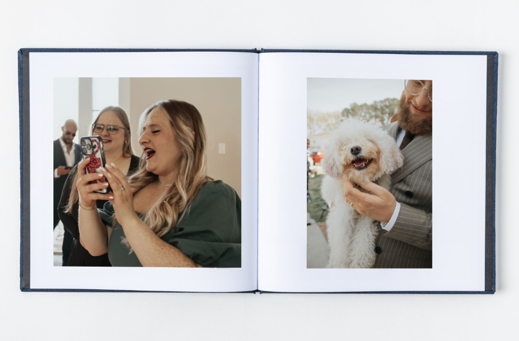 Wedding album spread showing celebration moments and a small dog.