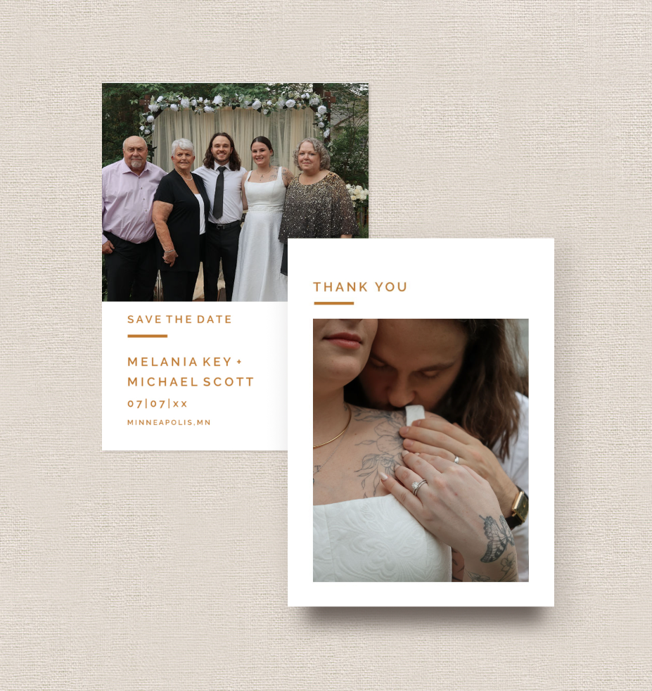 Modern wedding stationery design with save the date and thank you cards.