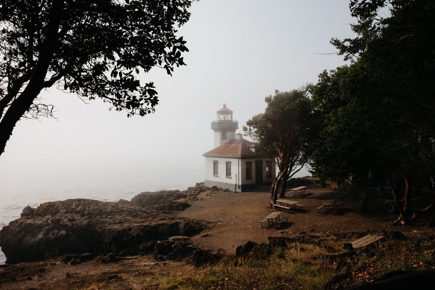 Historic white lighthouse perched on rocky cliff surrounded by trees in misty coastal conditions.