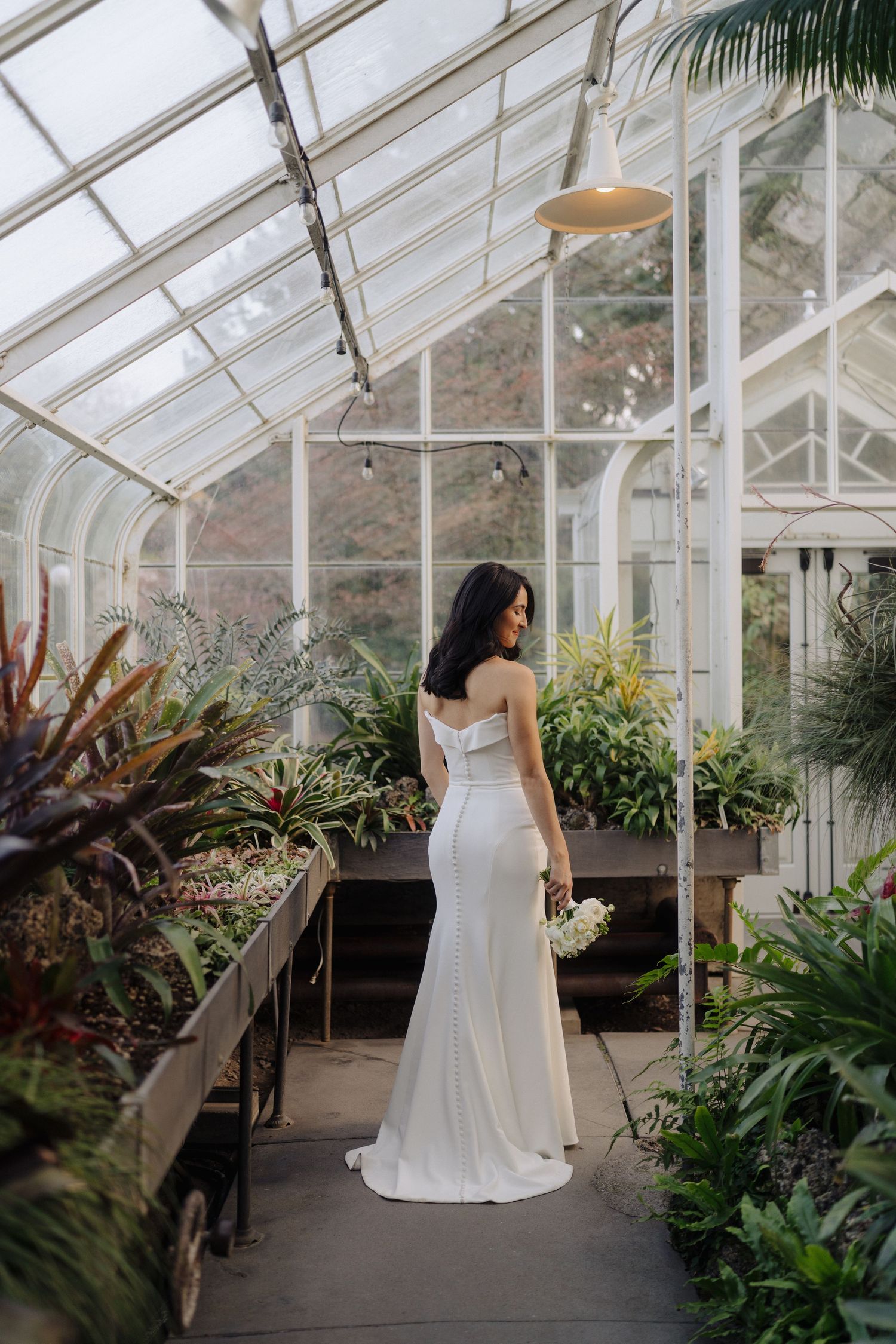 A stunning white wedding gown in a sunlit greenhouse filled with lush tropical plants.
