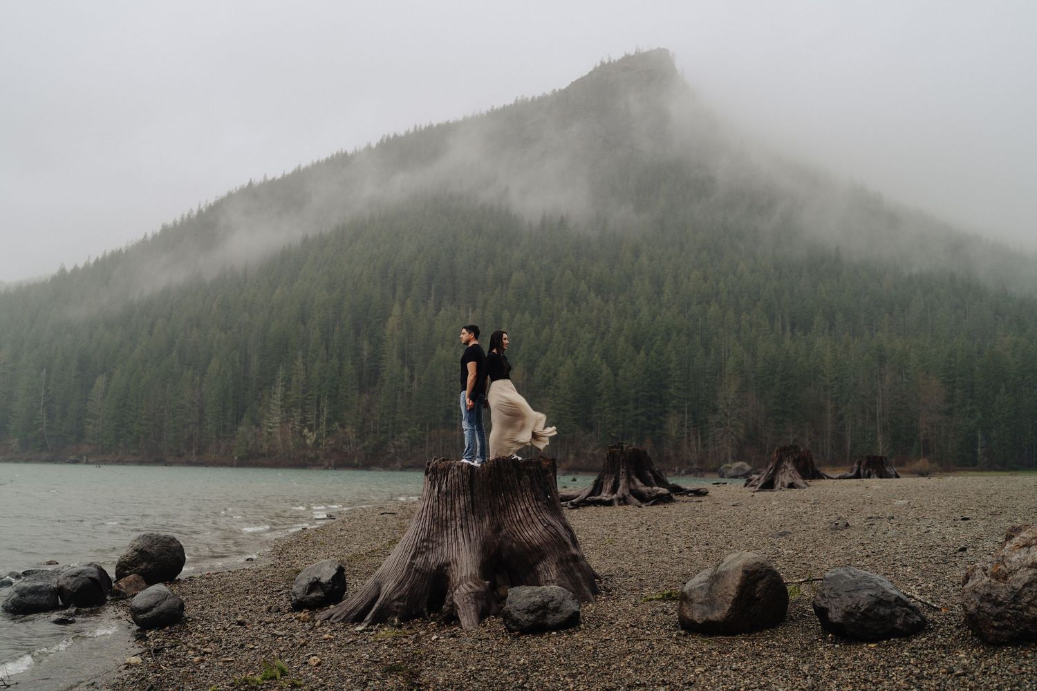 Silhouette standing on tree stump by misty lake with mountain and forest backdrop in moody weather.