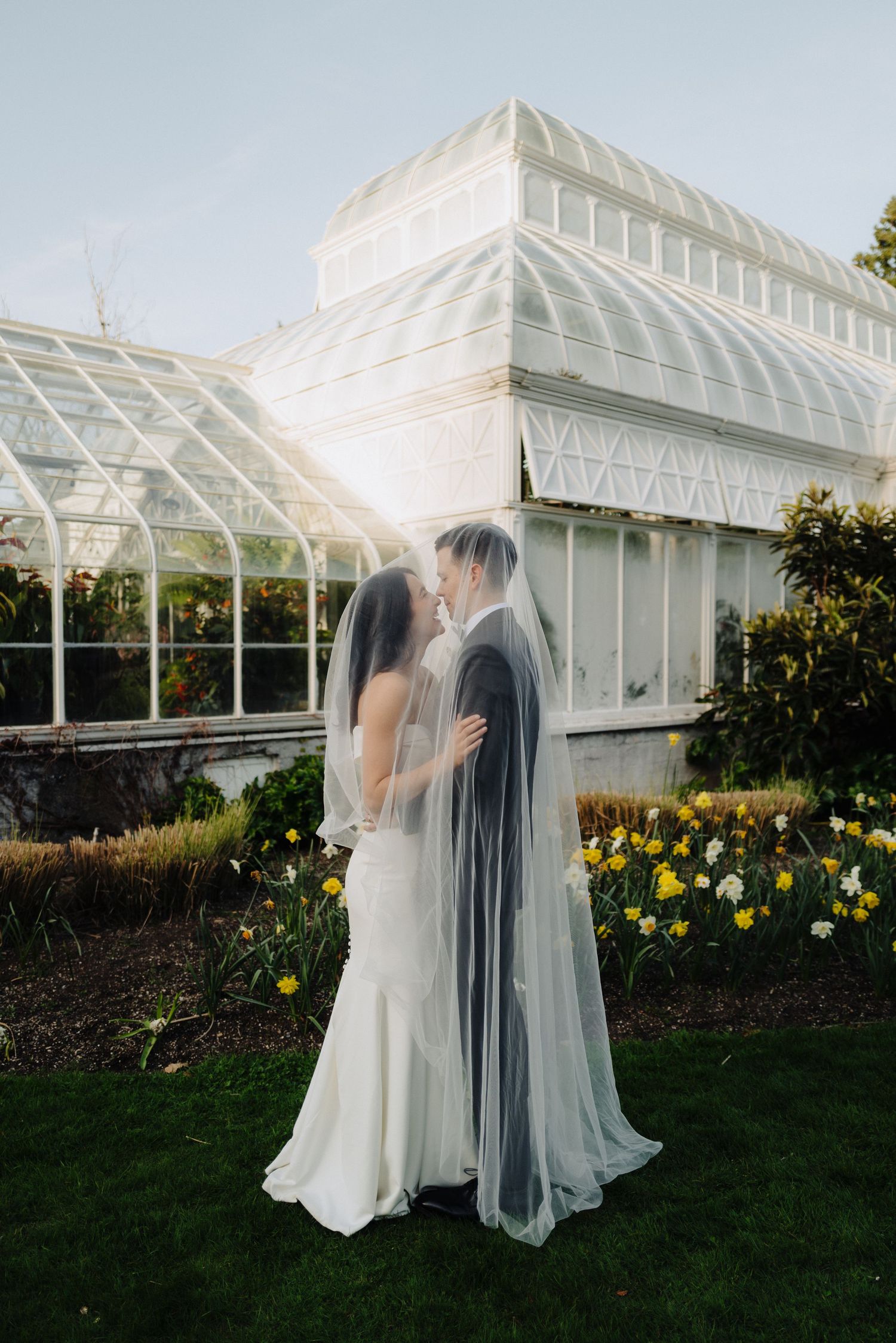 A romantic wedding photo in front of a Victorian greenhouse surrounded by daffodils.