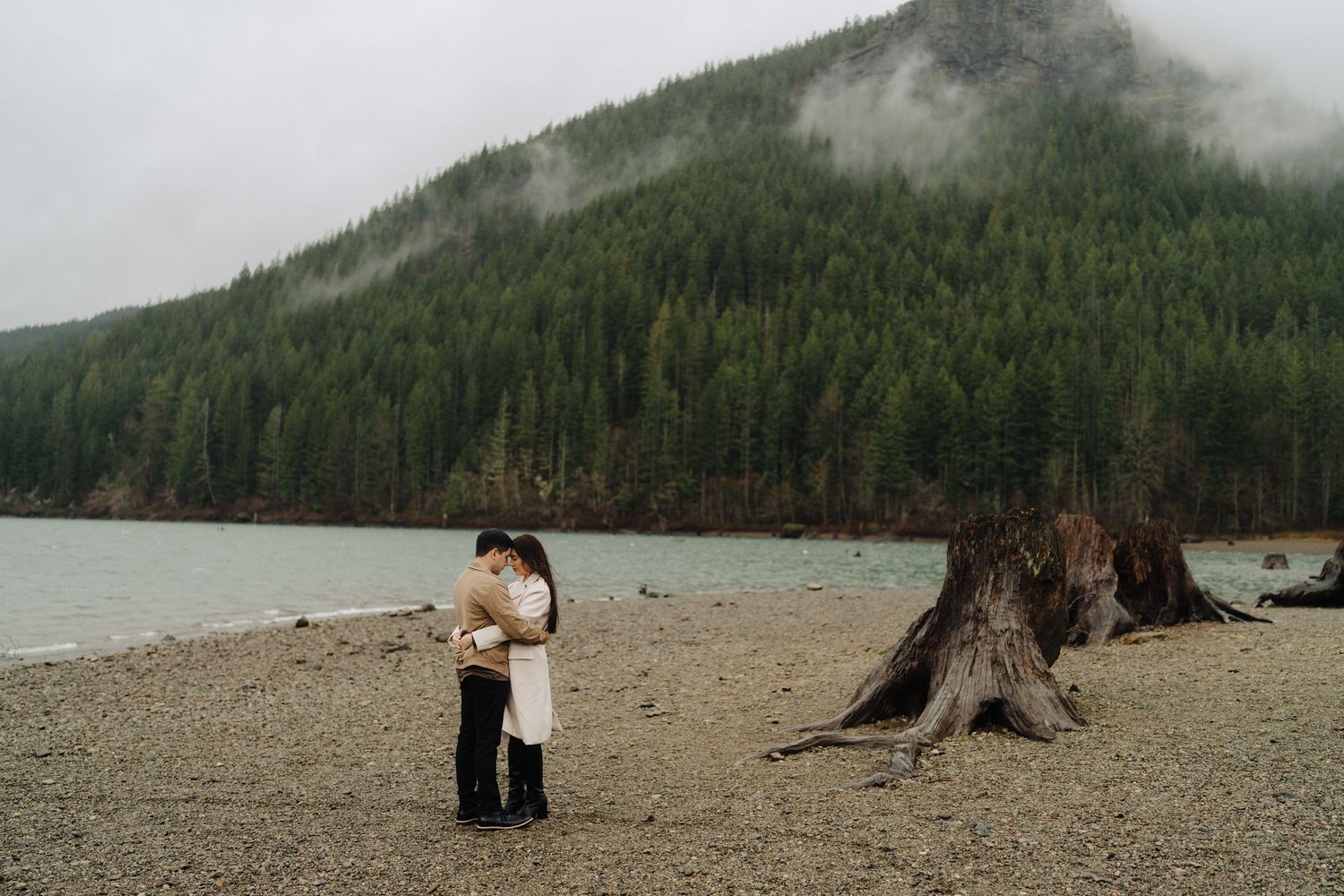A couple embraces on a misty lakeshore with evergreen mountains and tree stumps in the background.