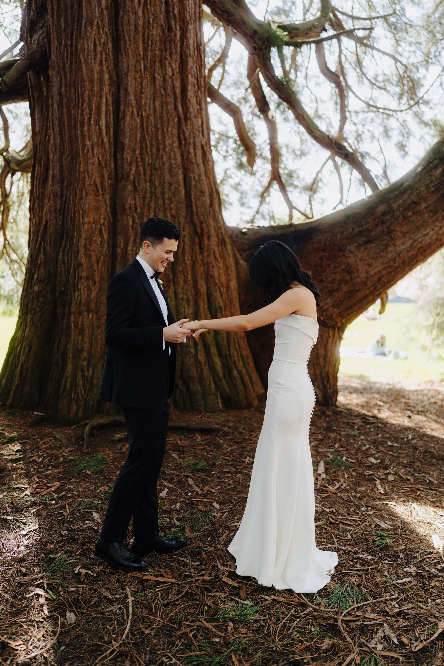 A couple shares an intimate moment in front of a majestic redwood tree during their wedding photoshoot.