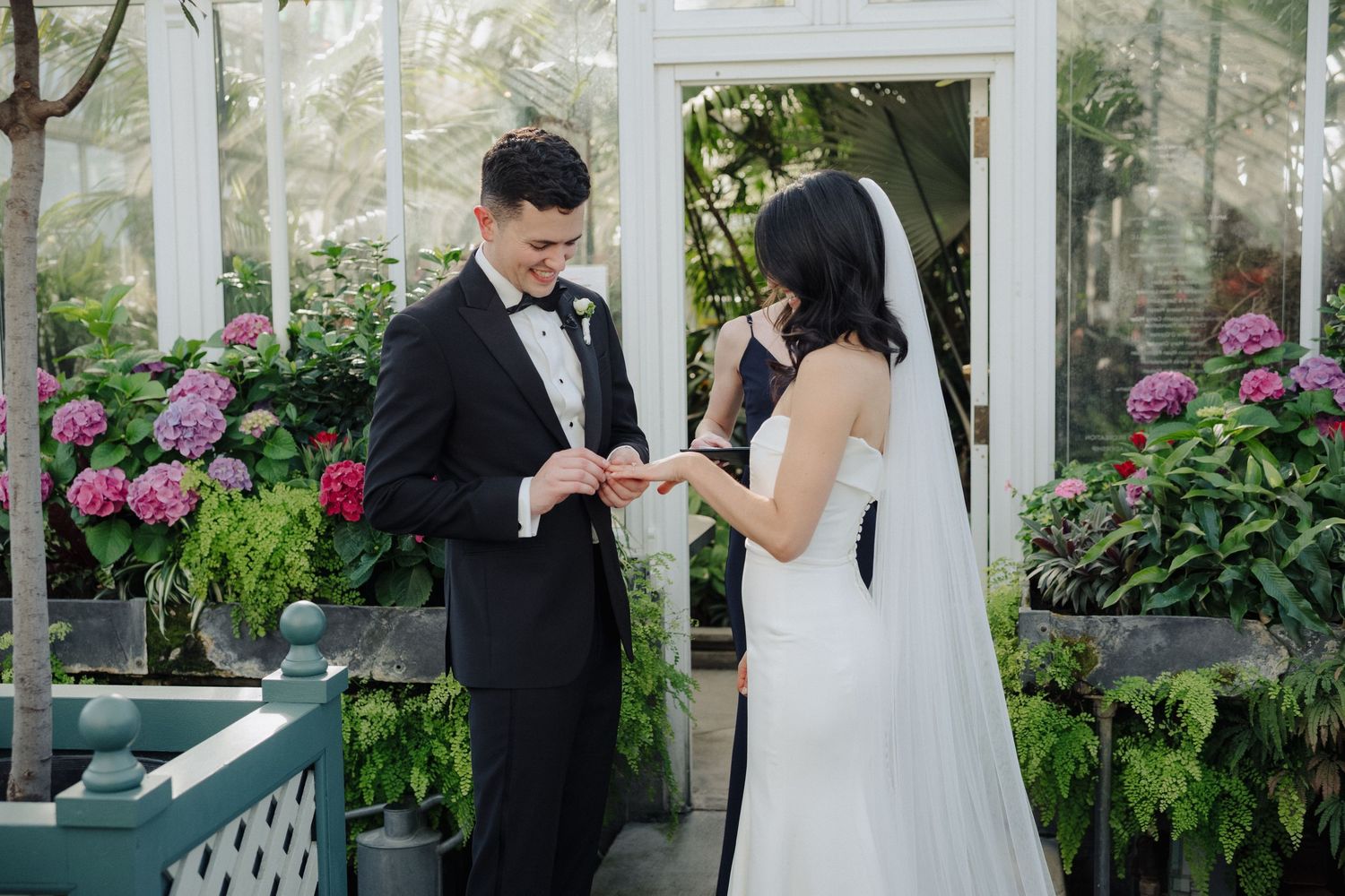 A couple in formal wedding attire sharing an intimate moment in a greenhouse with blooming pink hydrangeas.