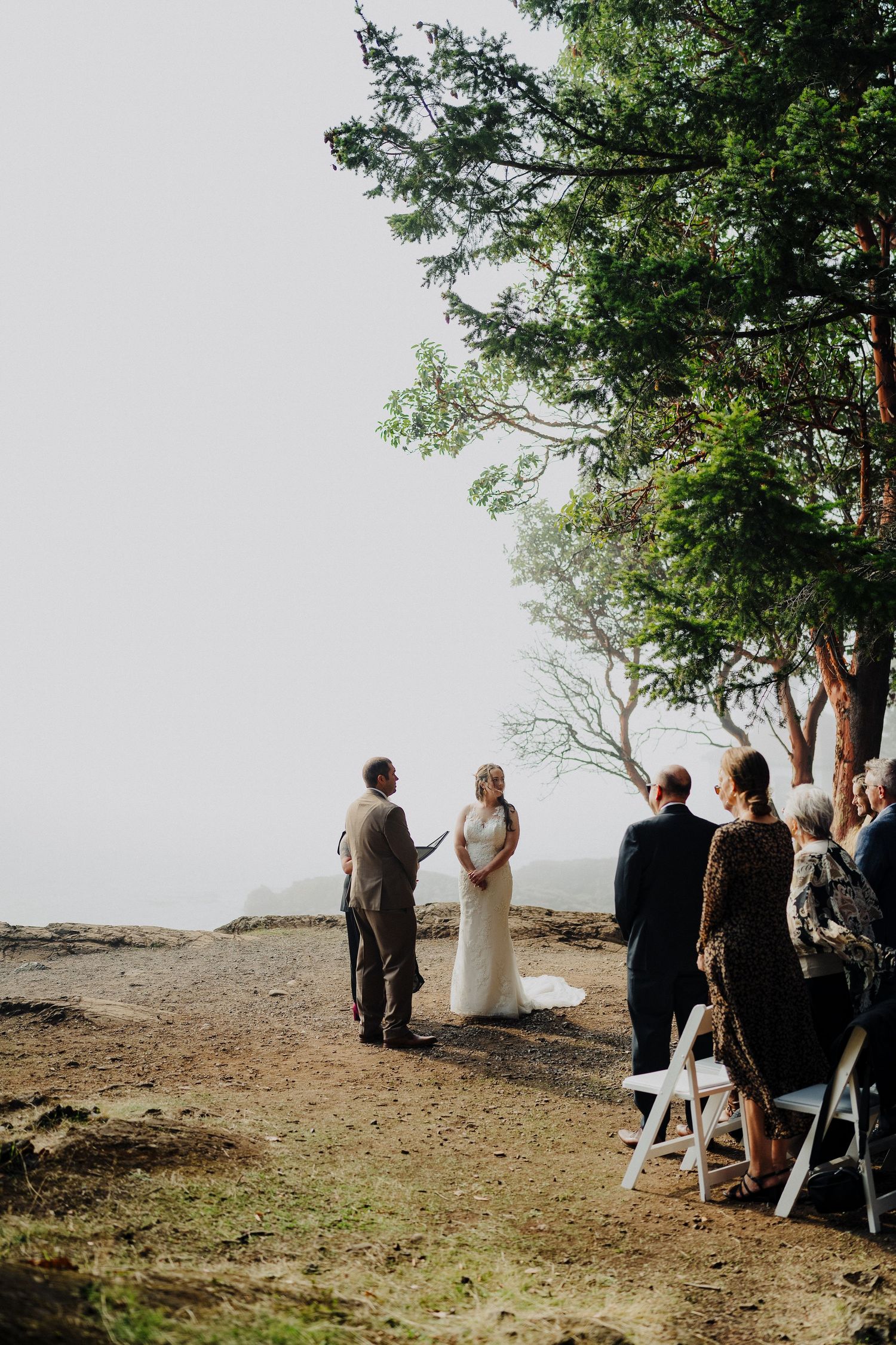 An intimate wedding ceremony takes place on a misty clifftop with tall trees framing the scenic backdrop.