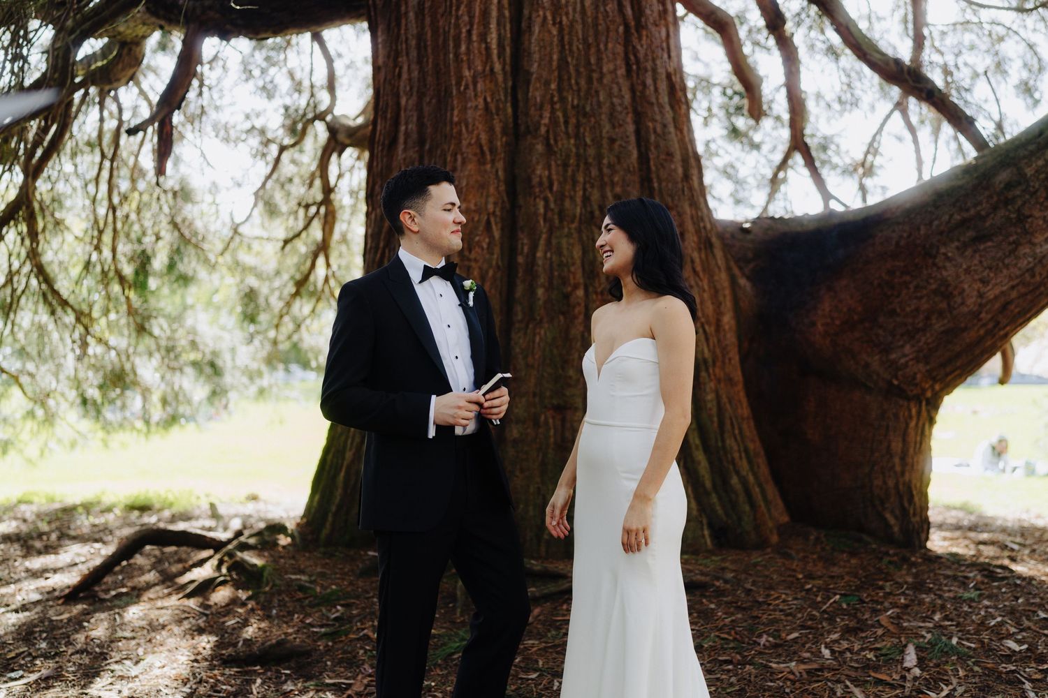 A romantic moment between a couple in formal wedding attire standing beneath a majestic redwood tree.