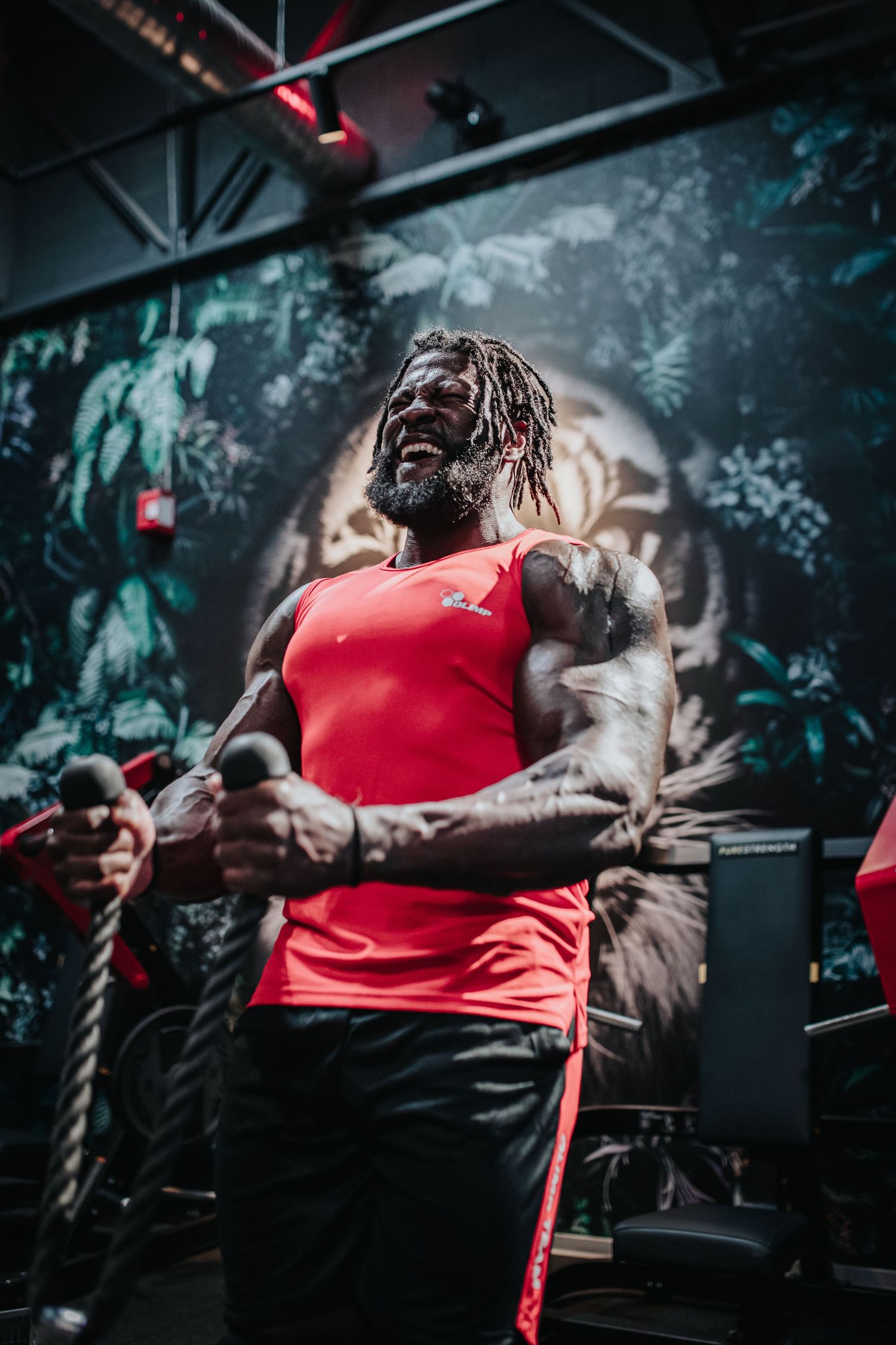 Cinematic series of boxing action shots showing sparring in a dimly lit gym with dramatic lighting and red accents.