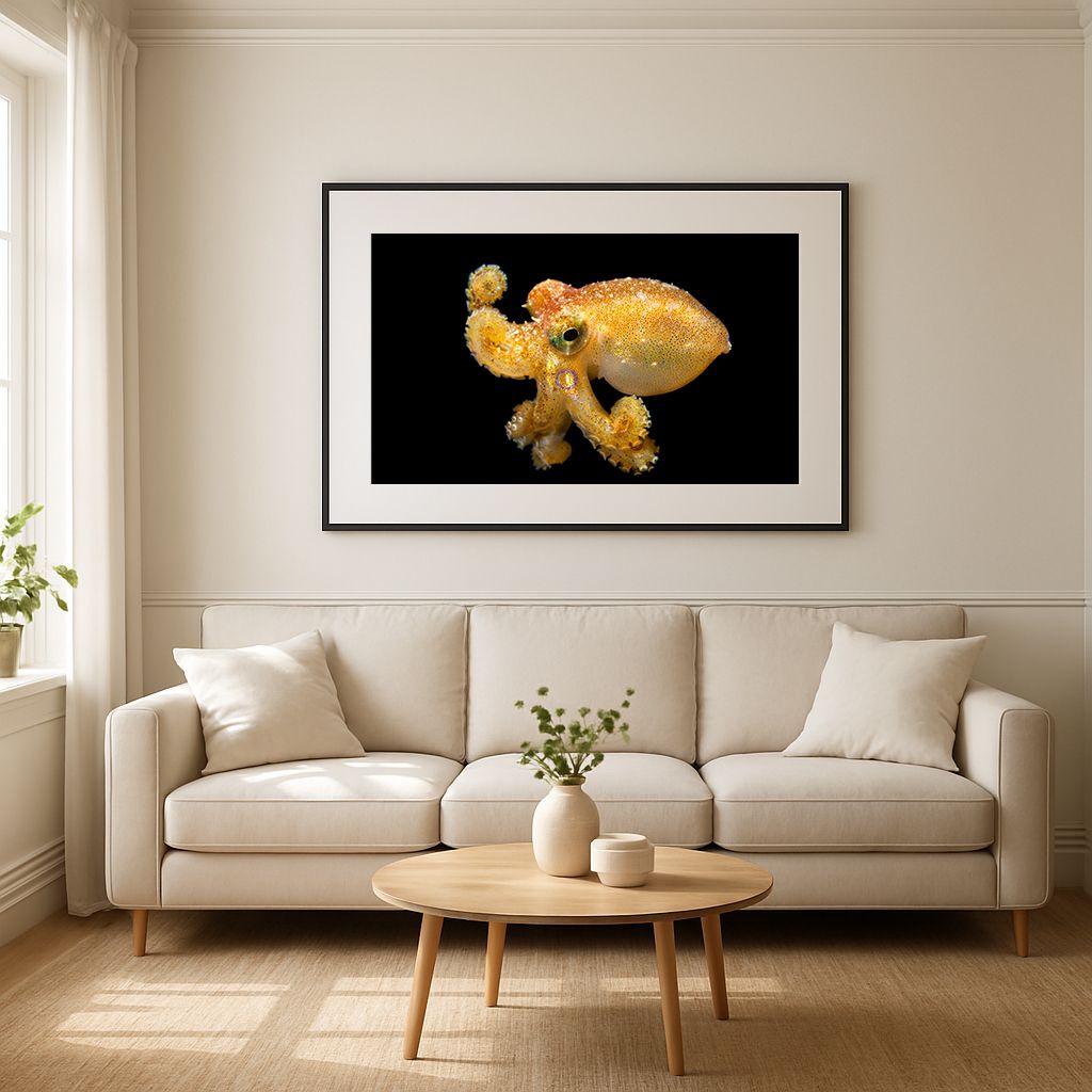 Home interior with macro photo of a larval Poison Ocellate Octopus (Amphioctopus mototi) on a bonfire dive in Anilao, Philippines