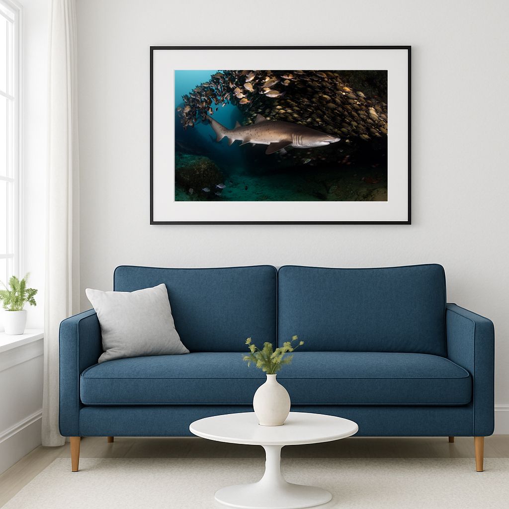 Home interior with a photo of a sand tiger shark (Carcharias taurus) in Aliwal shoal, South Africa