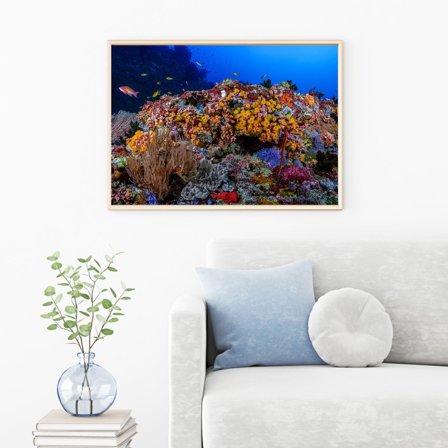 Home interior with a picture of a healthy and thriving coral reel in the Maldives
