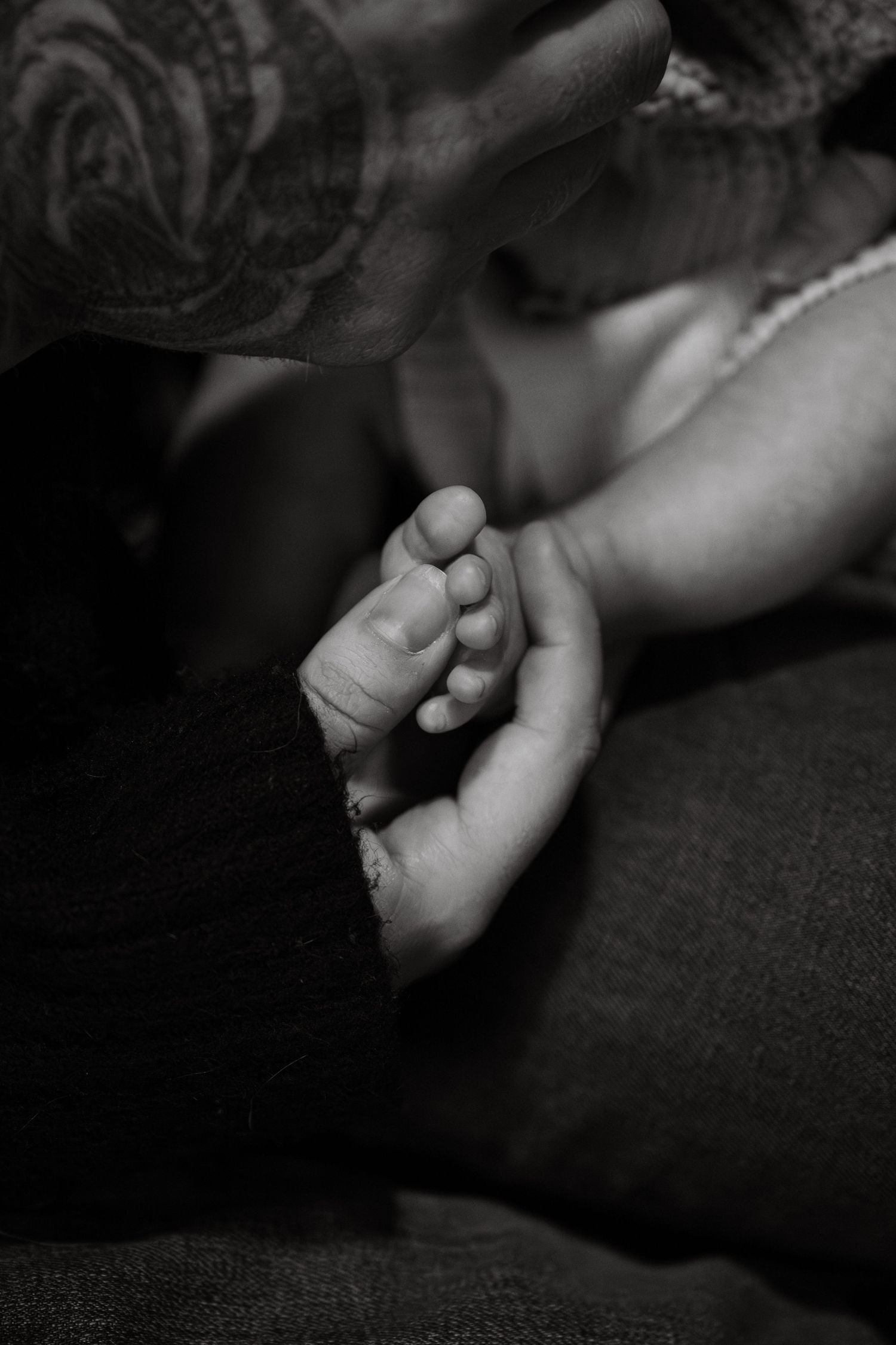 Close-up black and white shot of tiny baby feet being held gently in adult hands.