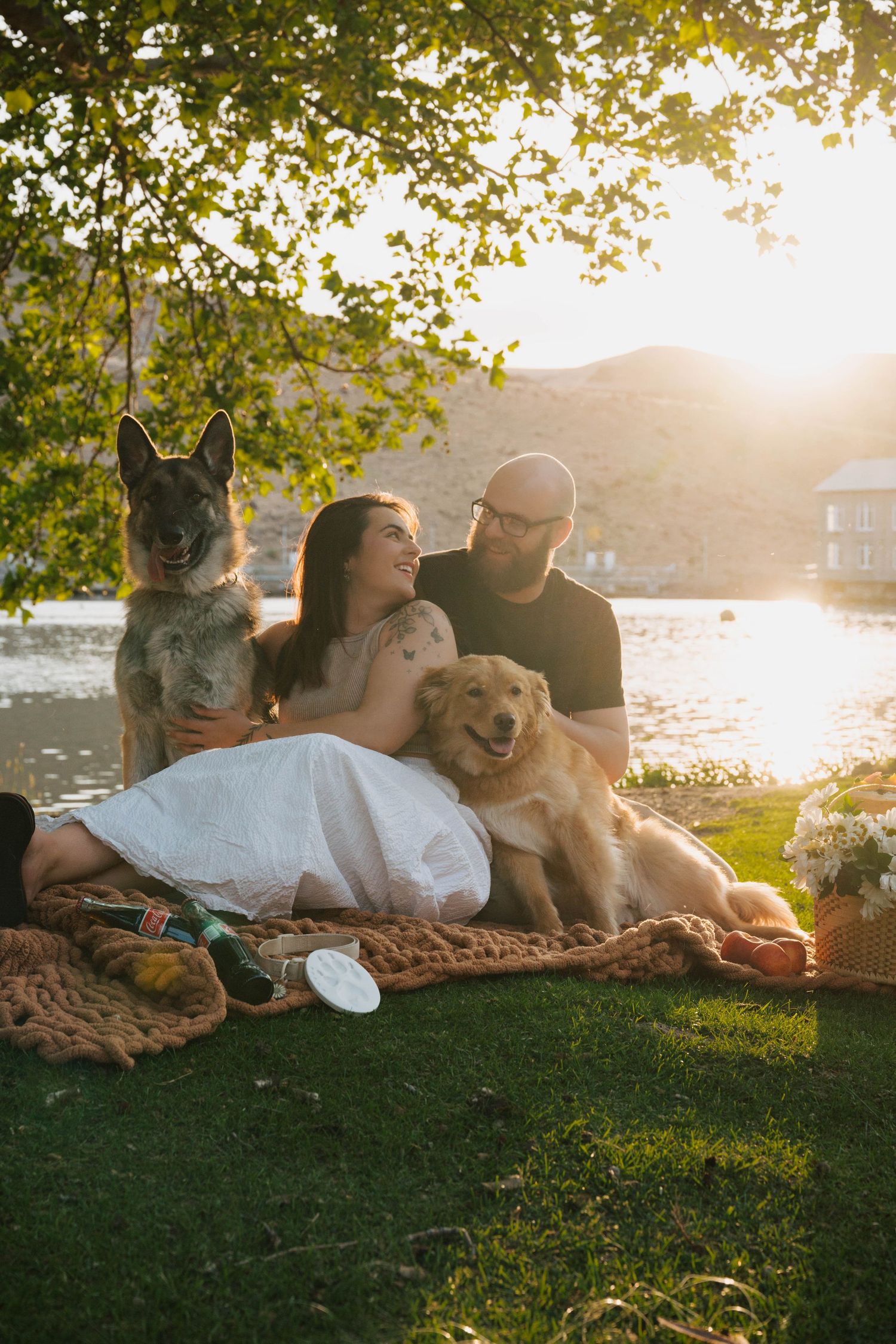 A couple and their dogs relax on blankets by a lake at sunset while enjoying the golden hour glow through trees.