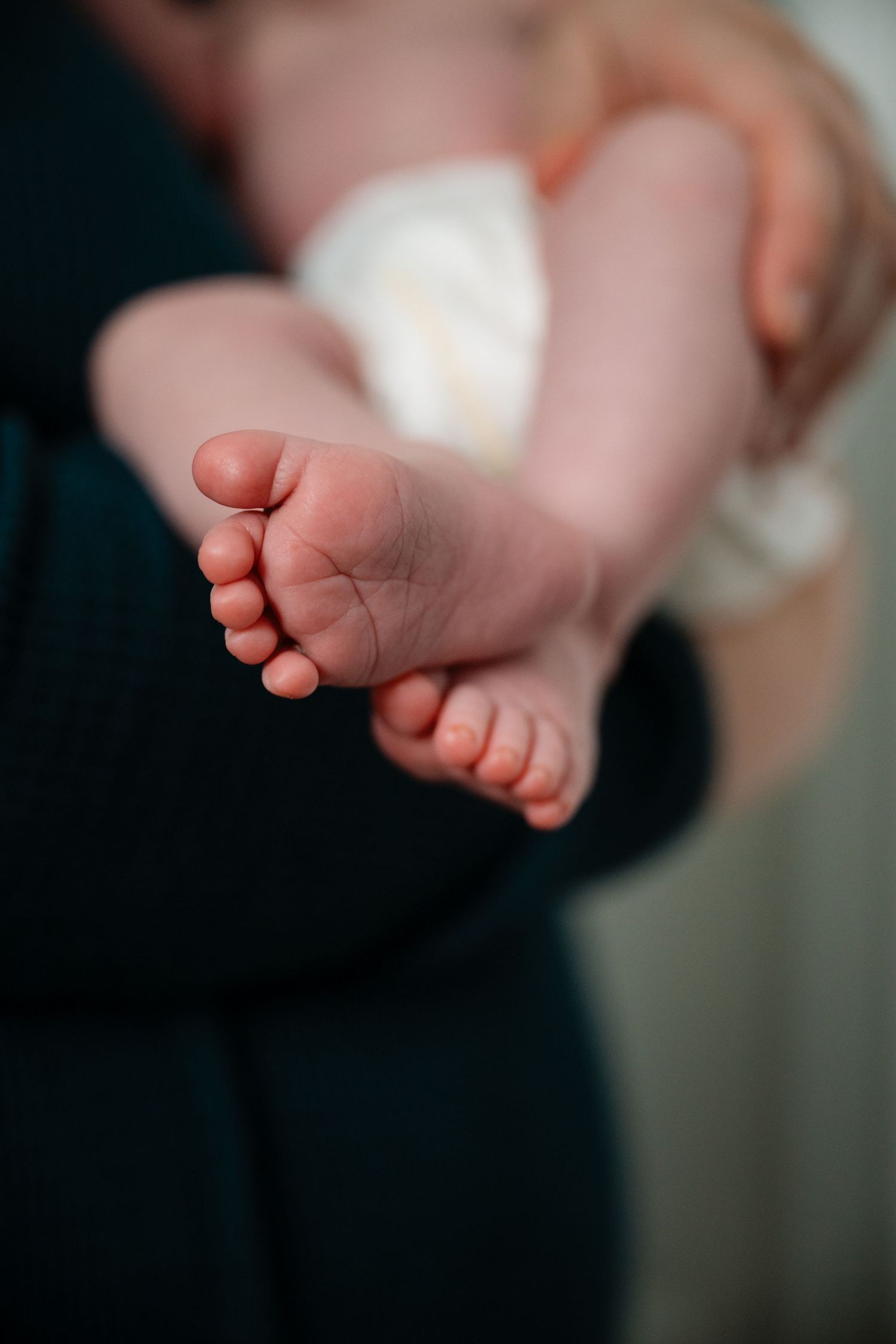 Close-up view of tiny baby feet against a dark background.