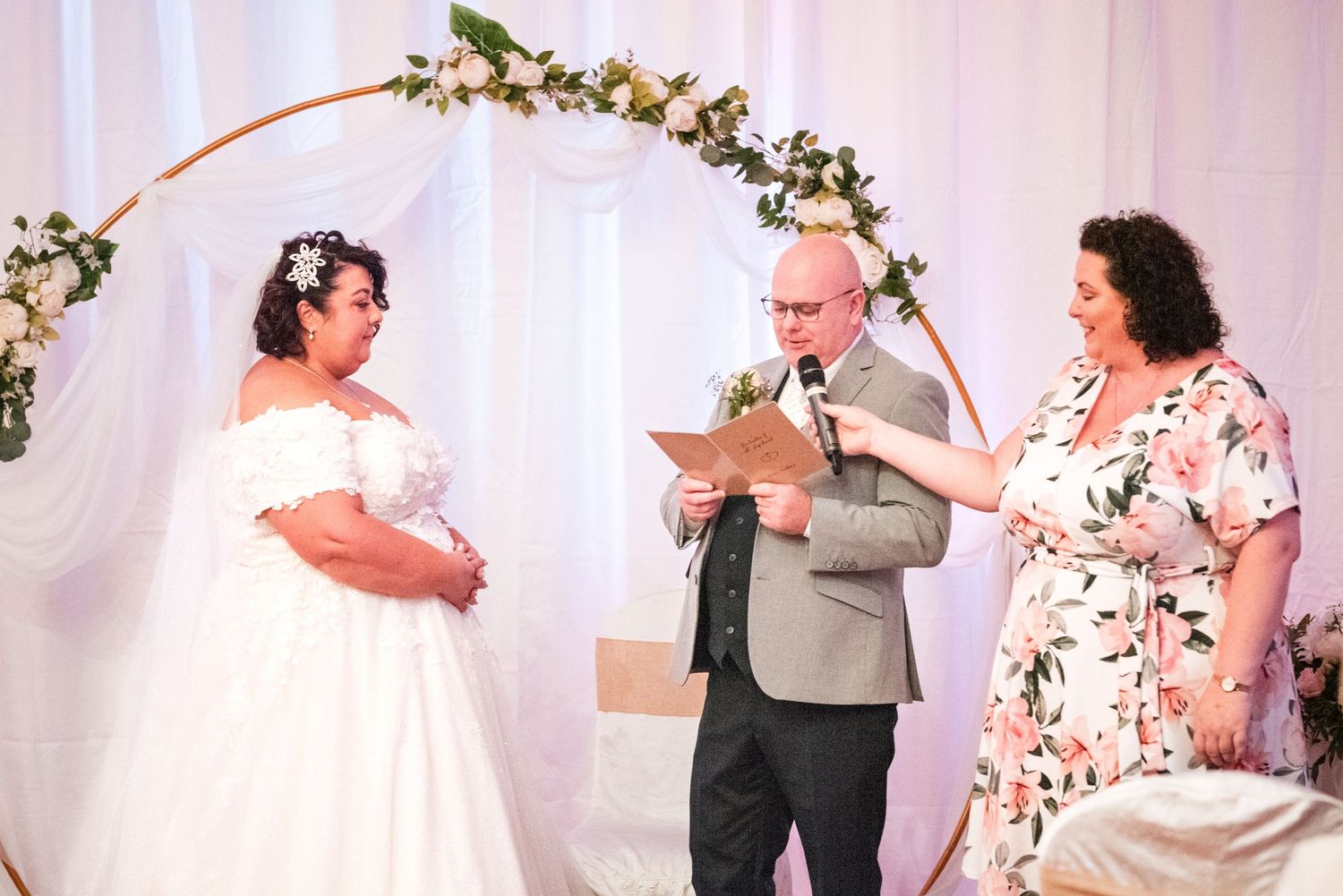 A sequence of candid moments from a wedding ceremony showing guests and decor in a light-filled venue.