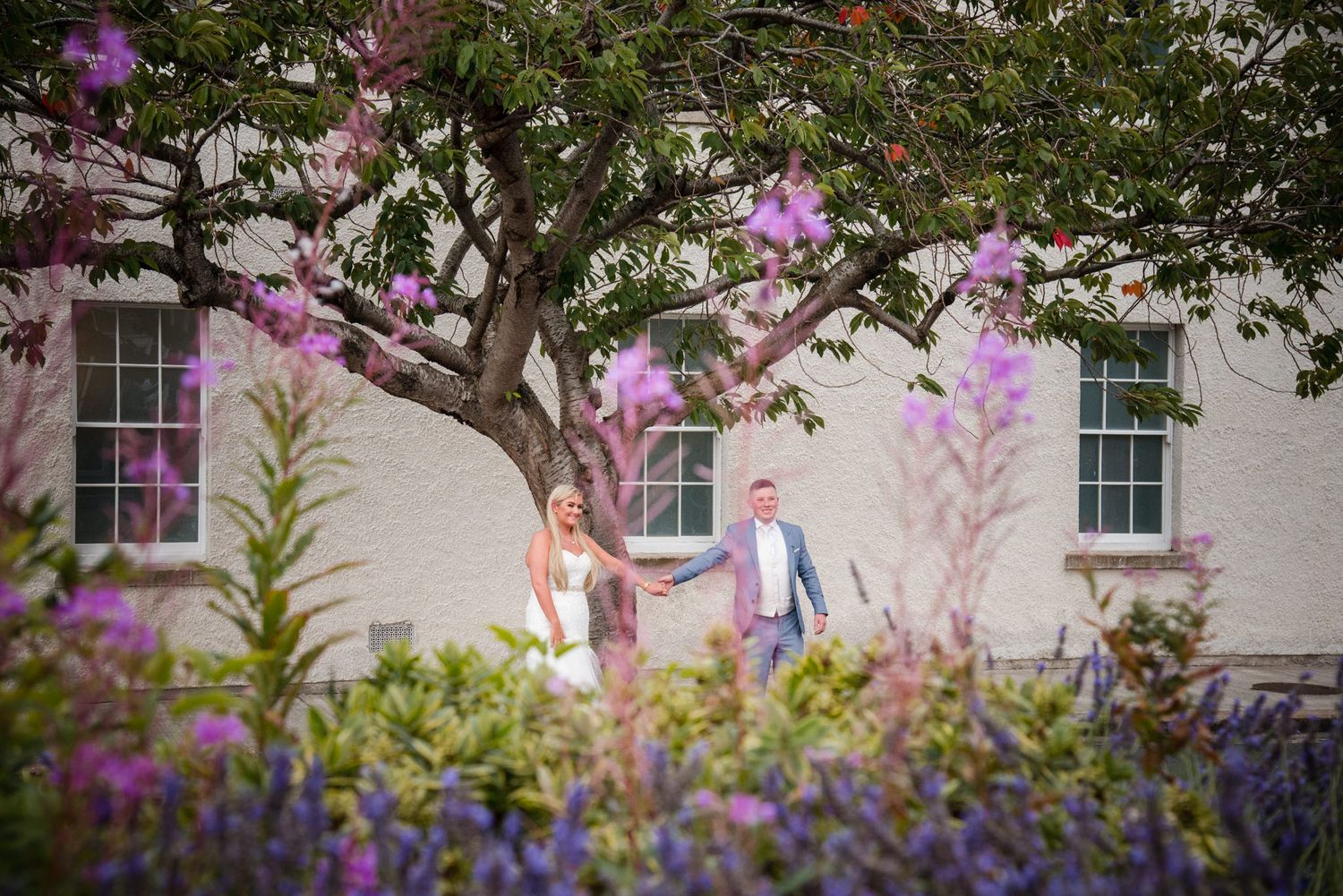 A couple walks hand in hand through a garden with blooming purple flowers and a flowering tree against a white building.