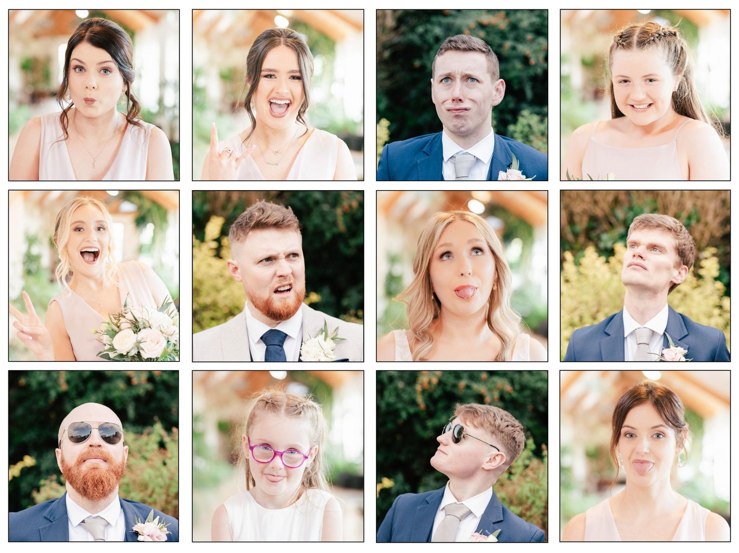 Wedding photo collage with a mix of candid and posed portraits in natural outdoor lighting and warm tones.
