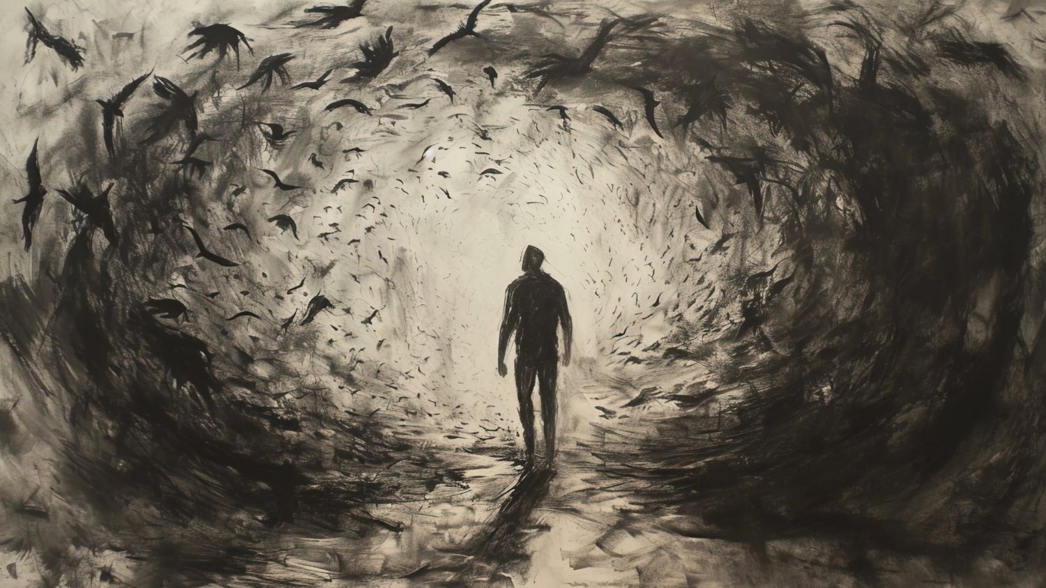 Dark monochromatic sketch of a silhouetted figure walking through a mysterious tunnel towards a bright light at the end.