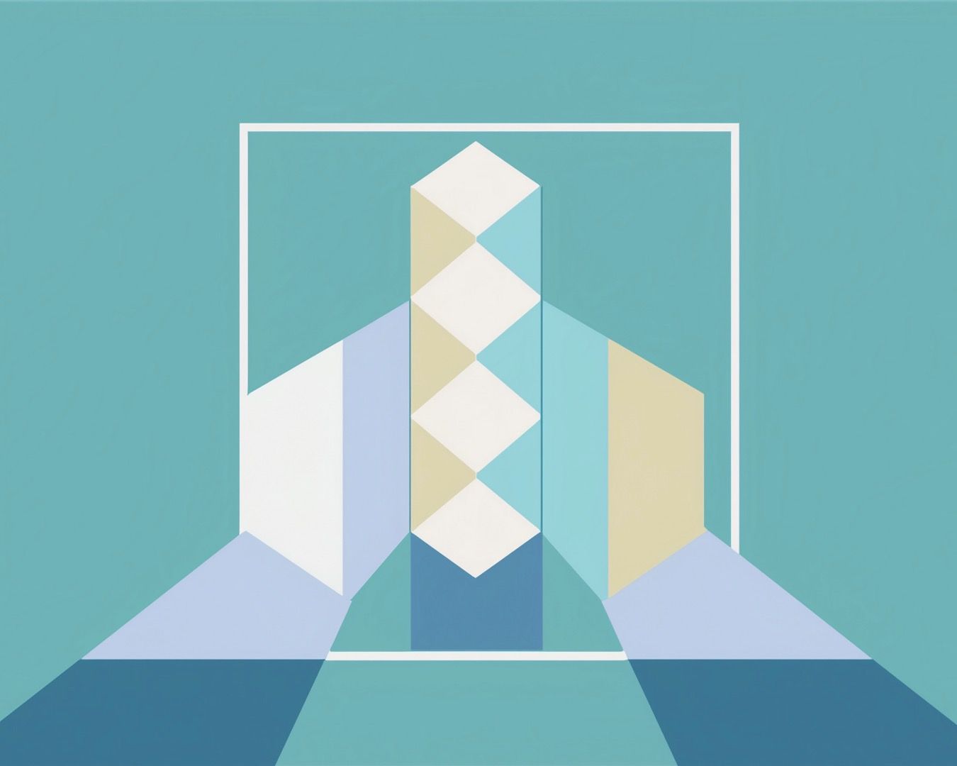 Abstract geometric shapes in blue and white create an isometric architectural composition with soft lighting.