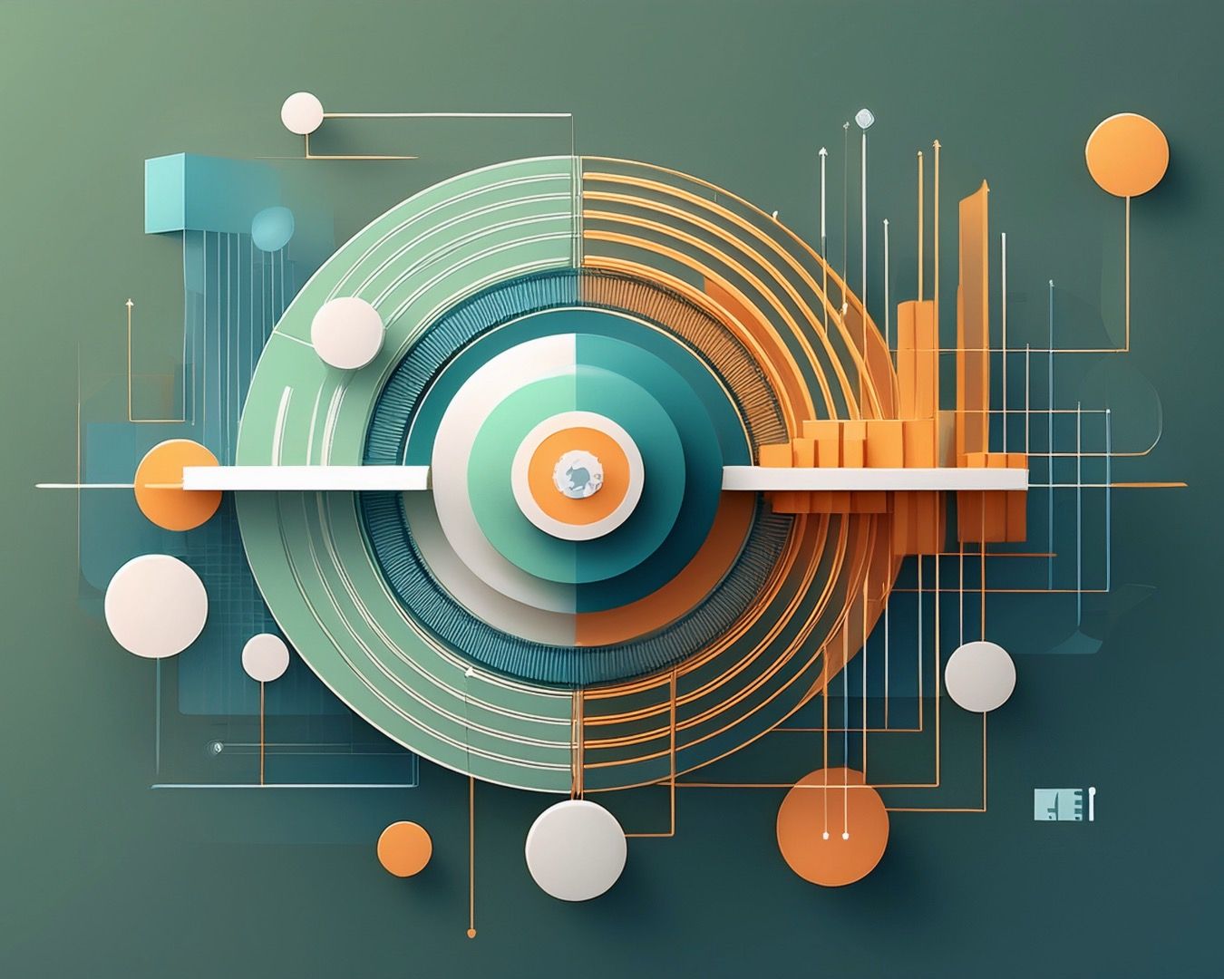 Abstract digital art featuring concentric circles in teal and orange with geometric elements and floating spheres on dark background.