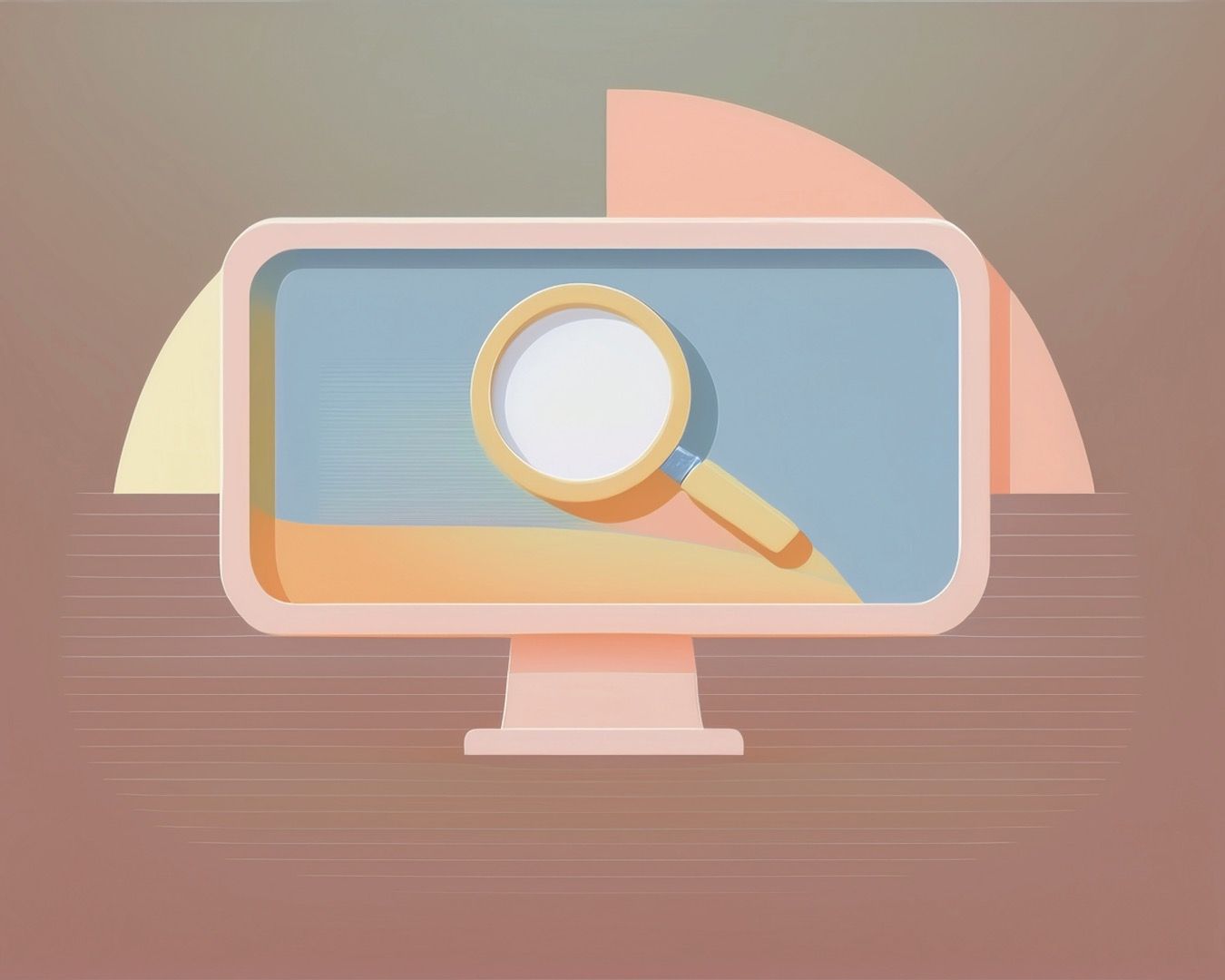 A series of six abstract illustrations in soft pastel colors showing search bars and magnifying glass designs.