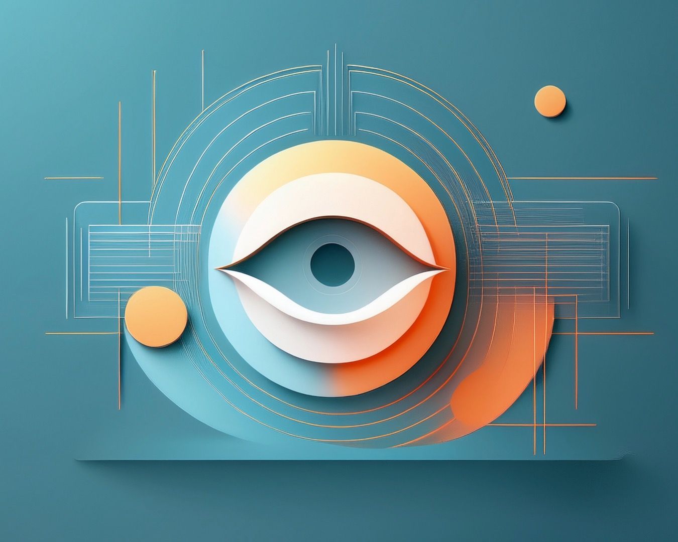 Abstract digital art illustration of a minimalist eye design with concentric circles and geometric patterns in teal and orange.