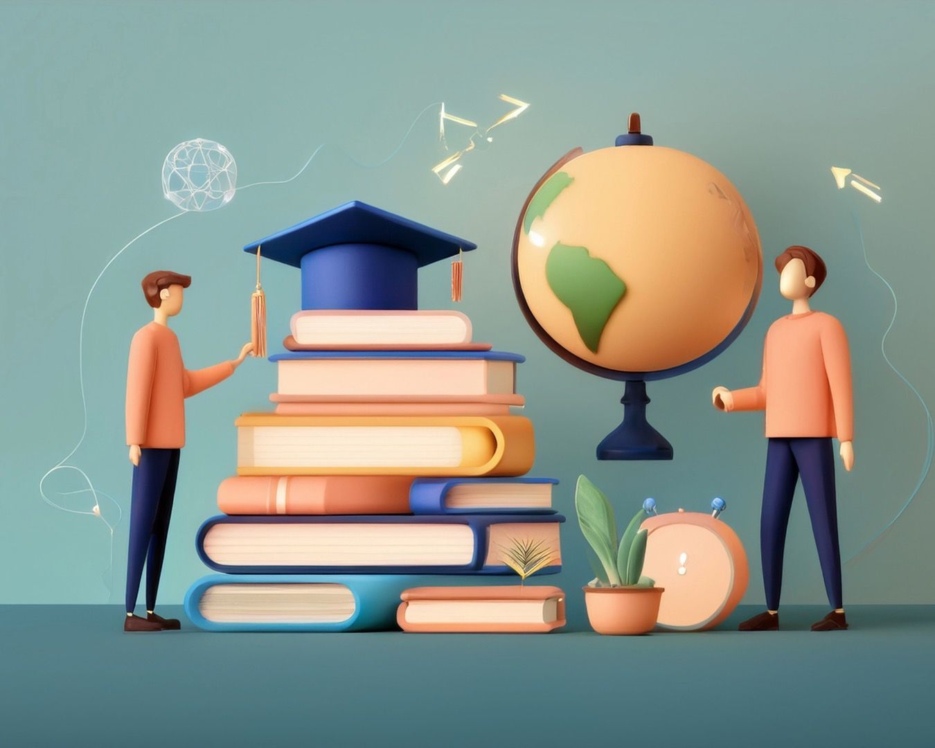 Illustration series showing small figures interacting with stacks of books and study materials on teal backgrounds.